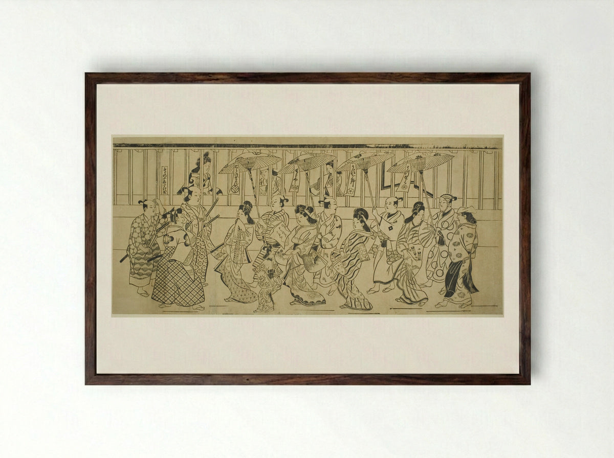 A Parade of Courtesans - Hishikawa Moronobu - Framed Print Dark Wood