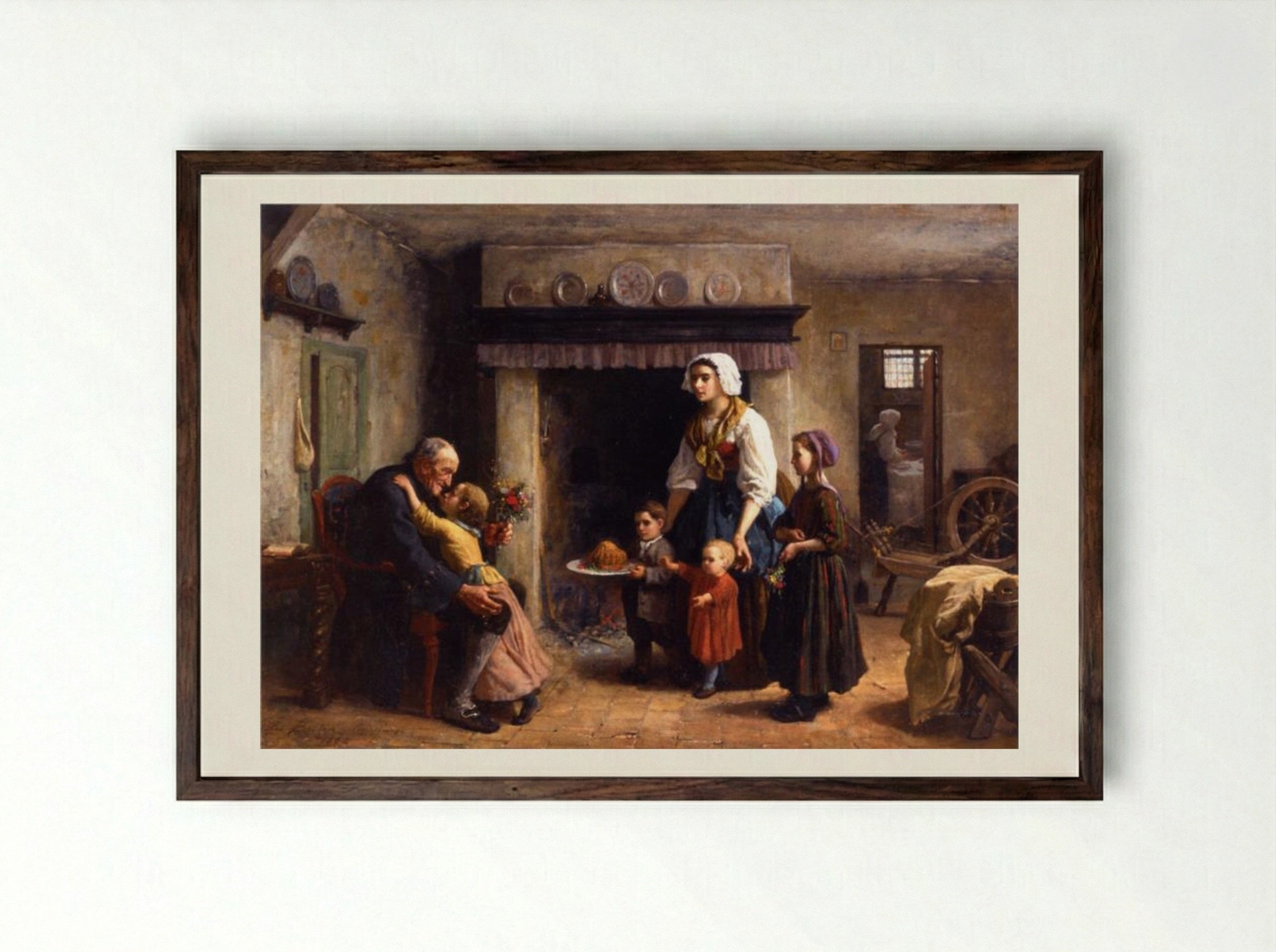 A Party for Grandfather - Jules Breton - Framed Print Dark Wood