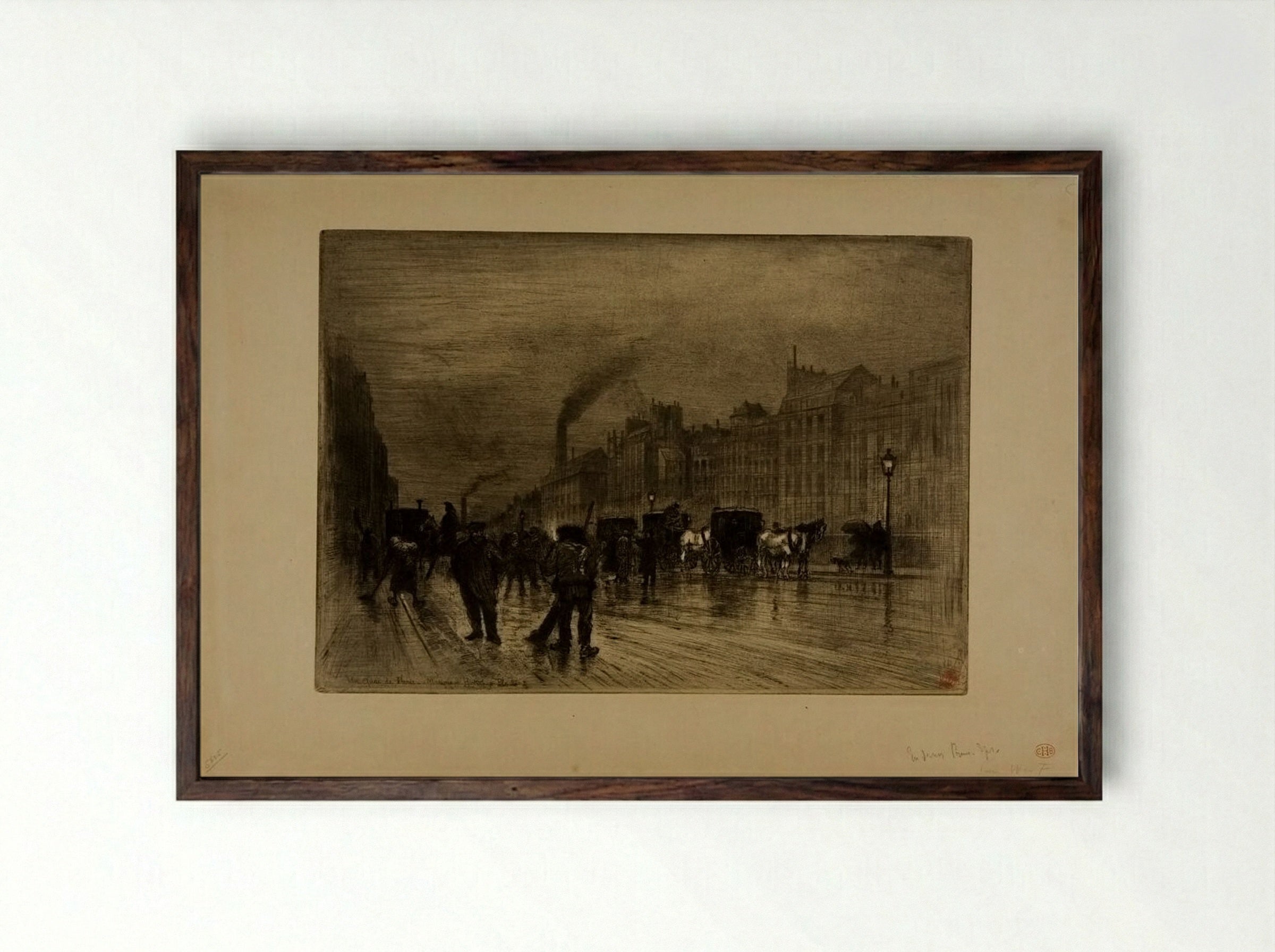 A Quay in Paris: Winter Morning - Félix Hilaire Buhot - Framed Print Dark Wood