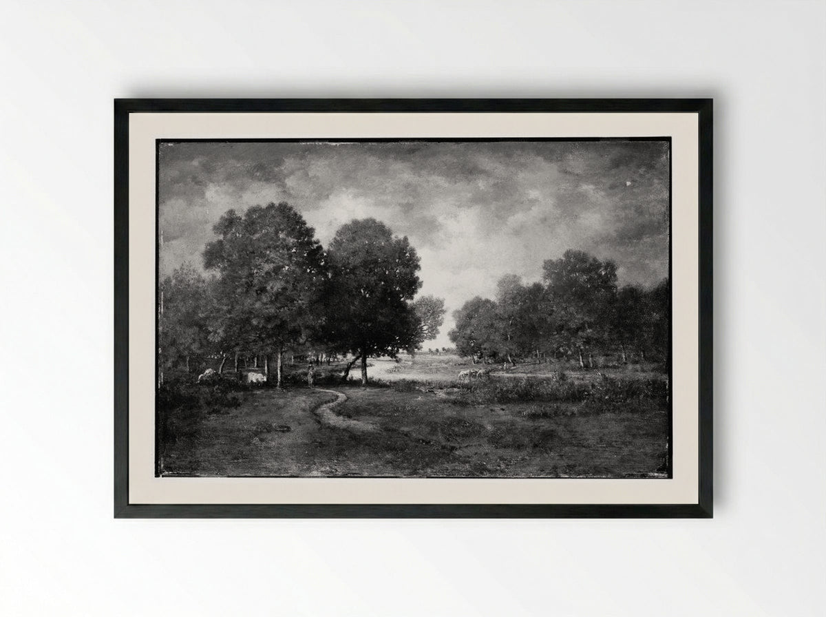 A River in a Meadow - Théodore Rousseau - Framed Print Black