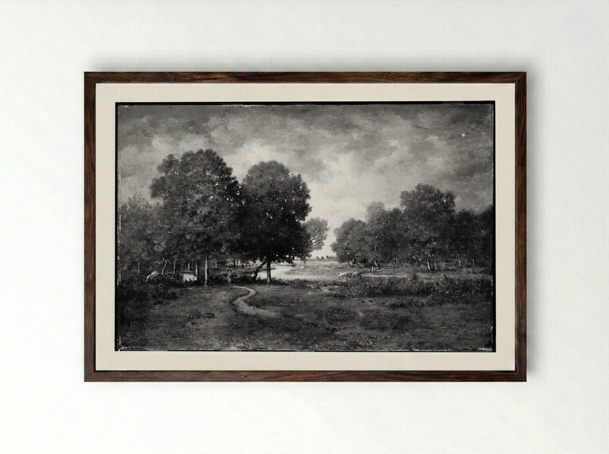 A River in a Meadow - Théodore Rousseau - Framed Print Dark Wood