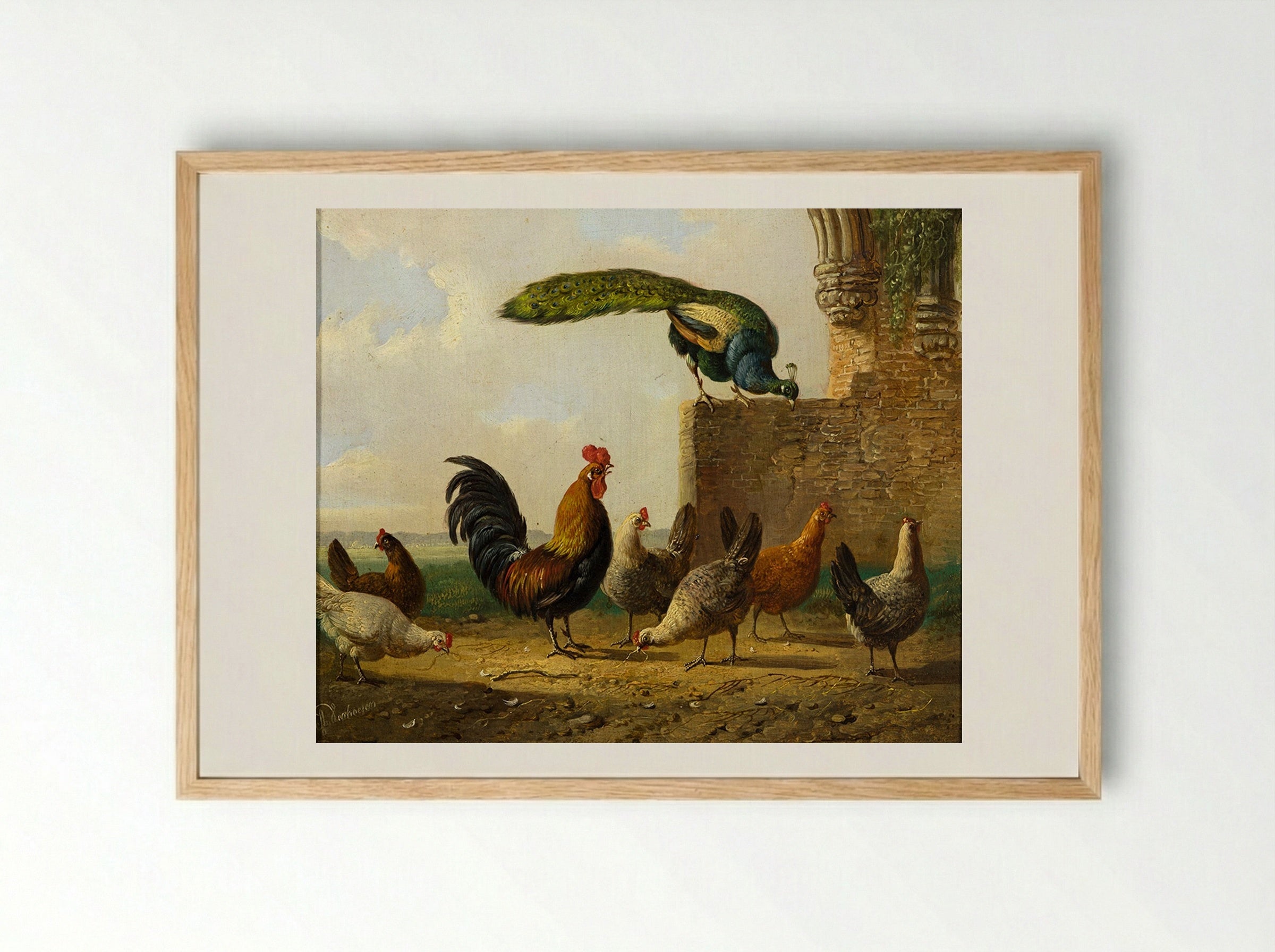 A Rooster with Hens and Chicks - Albertus Verhoesen - Framed Print Wood