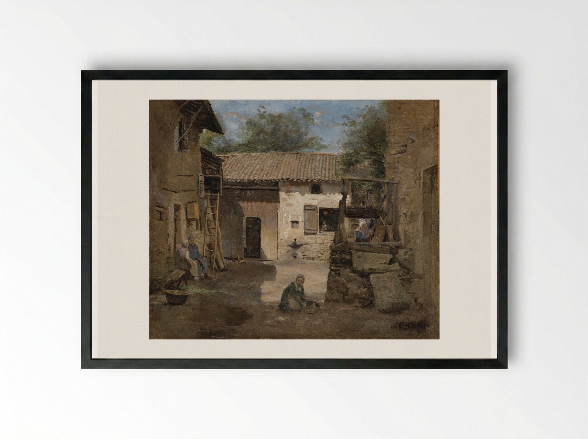 A Rustic Court-Yard - Jean-Baptiste-Camille Corot - Framed Print Black