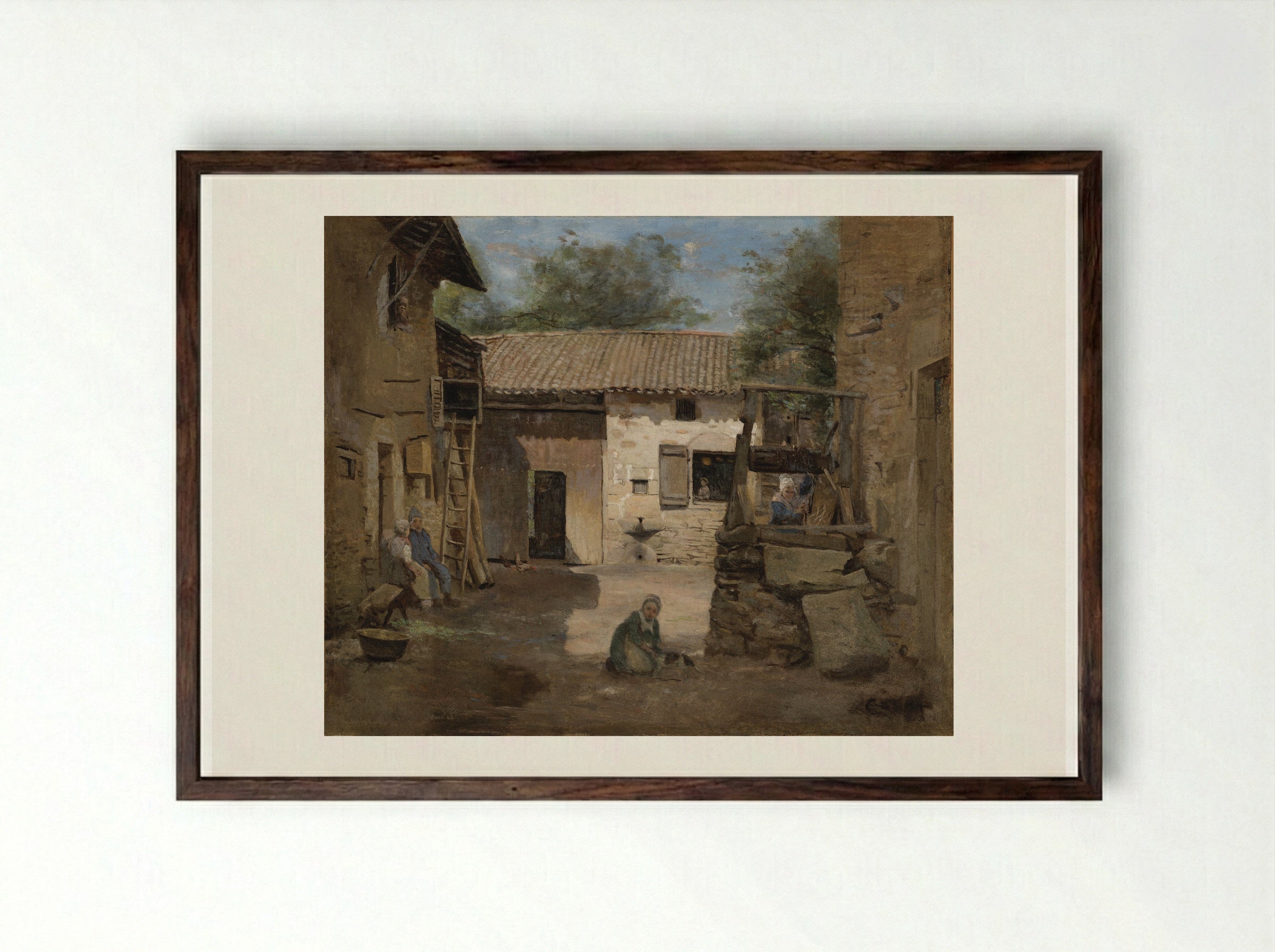 A Rustic Court-Yard - Jean-Baptiste-Camille Corot - Framed Print Dark Wood