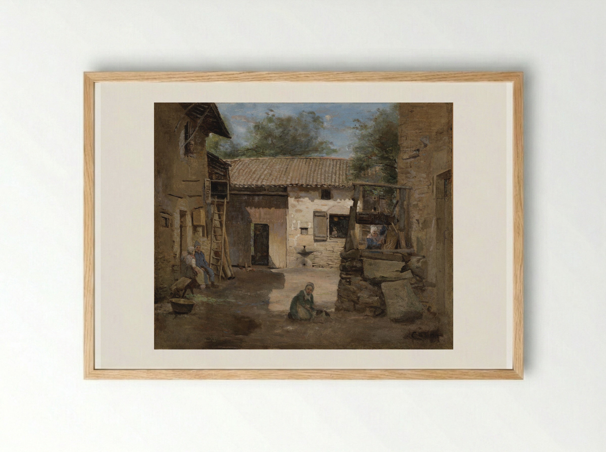 A Rustic Court-Yard - Jean-Baptiste-Camille Corot - Framed Print Wood