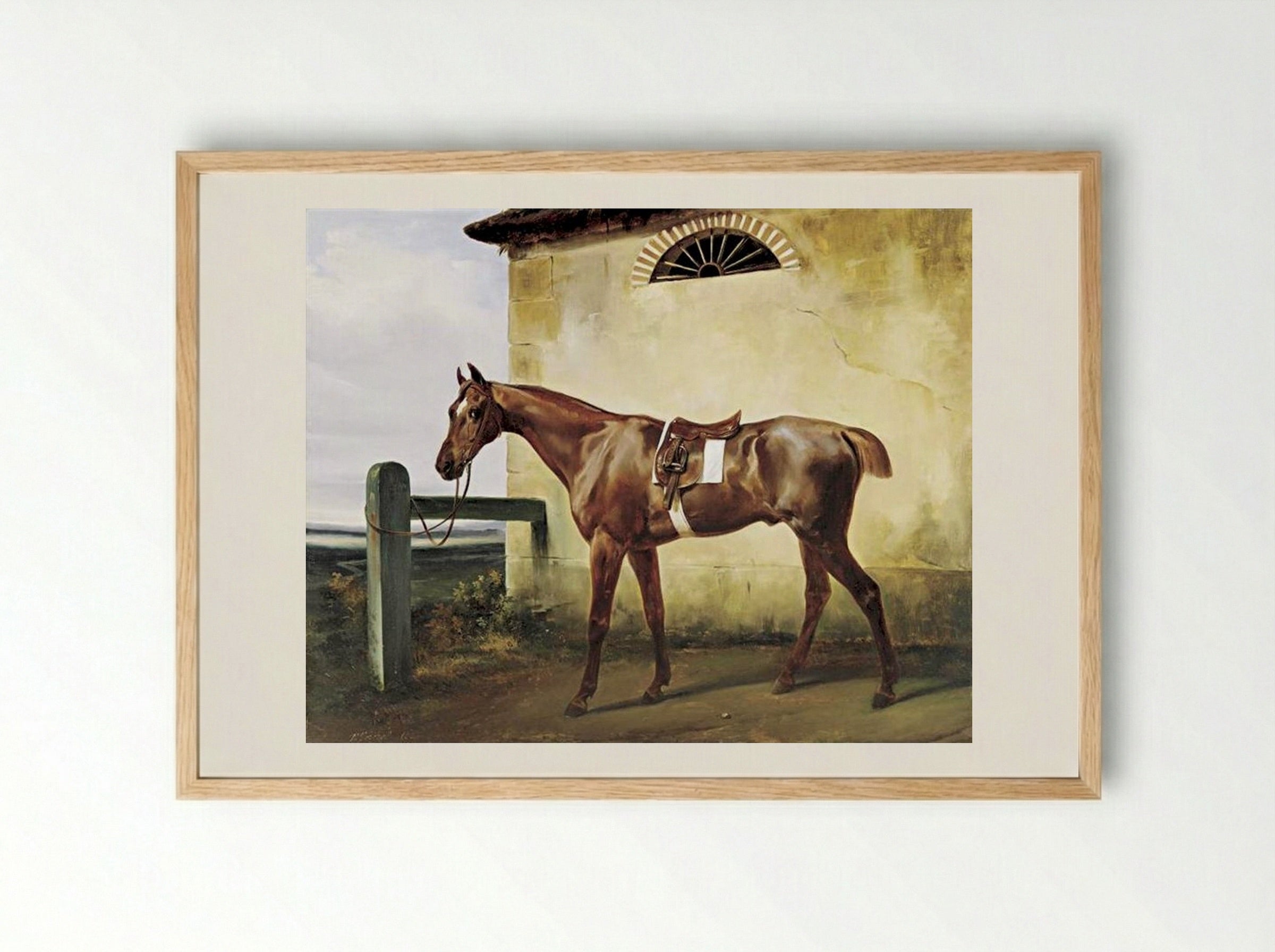 A Saddled Race Horse Tied to a Fence - Horace Vernet - Framed Print Wood