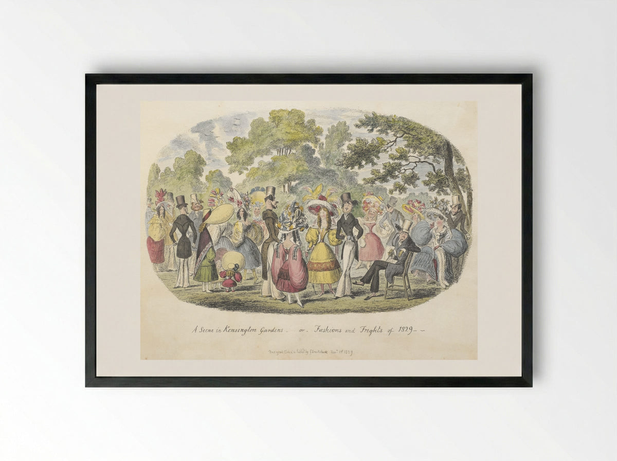 A Scene in Kensington Gardens, or, Fashions and Frights of 1829 - George Cruikshank - Framed Print Black