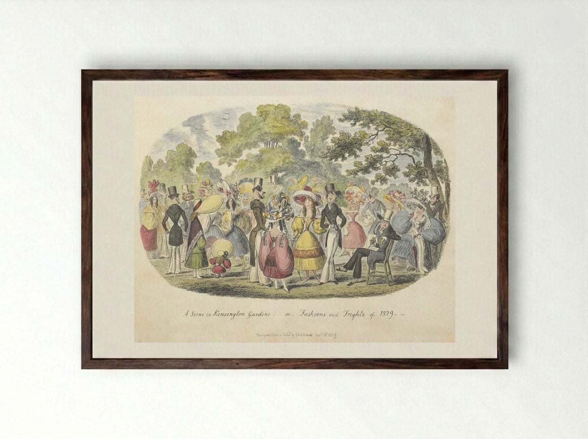 A Scene in Kensington Gardens, or, Fashions and Frights of 1829 - George Cruikshank - Framed Print Dark Wood