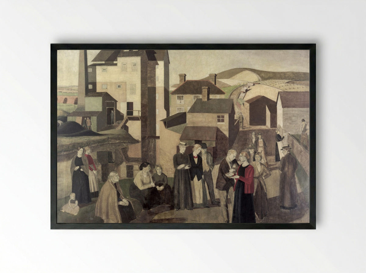 A Scene in a Village Street with Millhands Conversing - Winifred Knights - Framed Print Black
