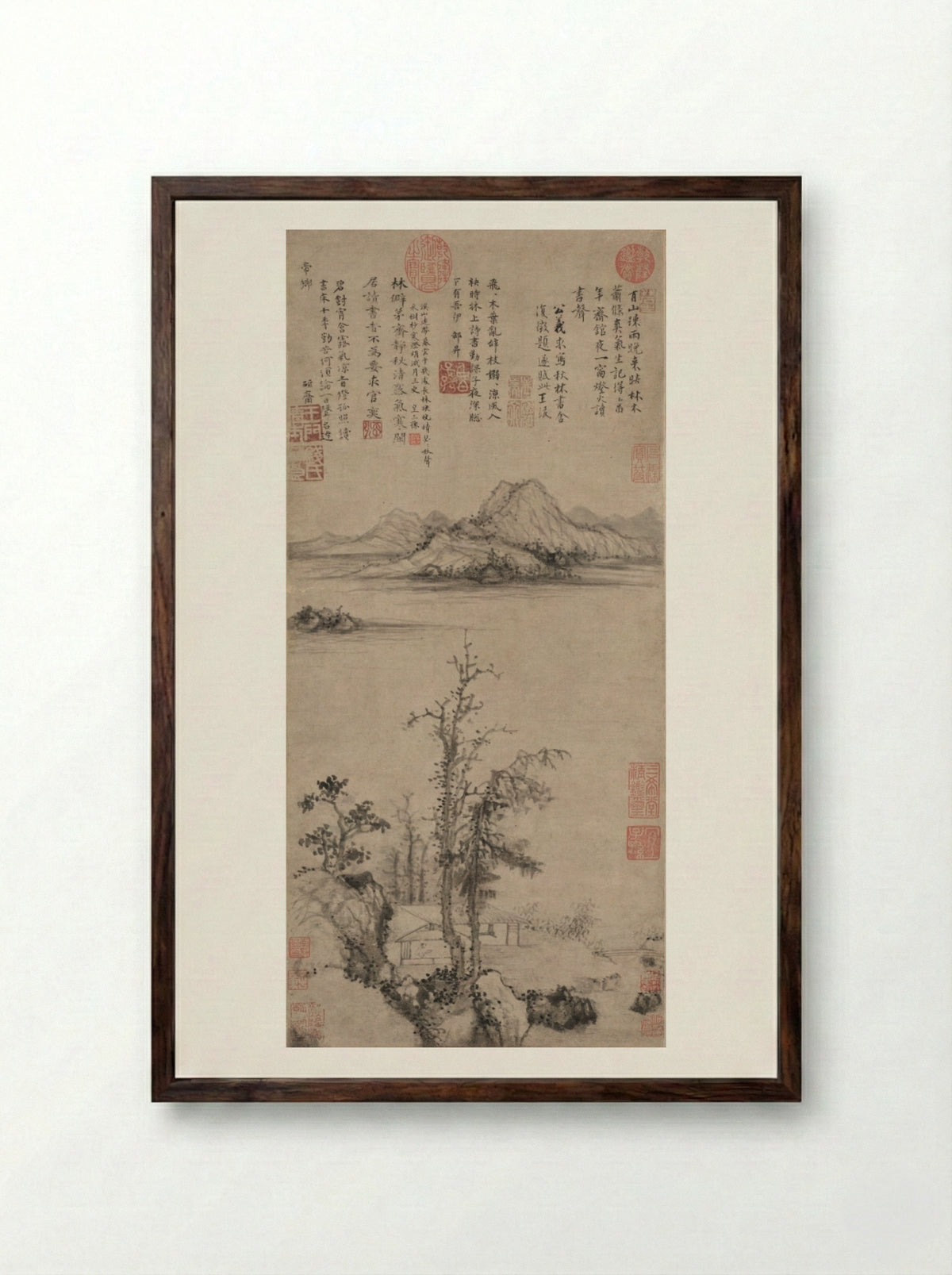 A Scholar's Retreat amid Autumn Trees - Wang Fu - Framed Print Dark Wood
