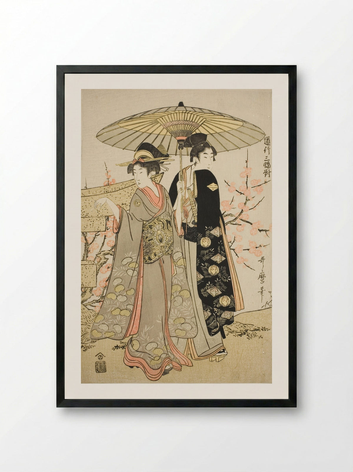 A Set of Three Romantic Journeys - Kitagawa Utamaro - Framed Print Black