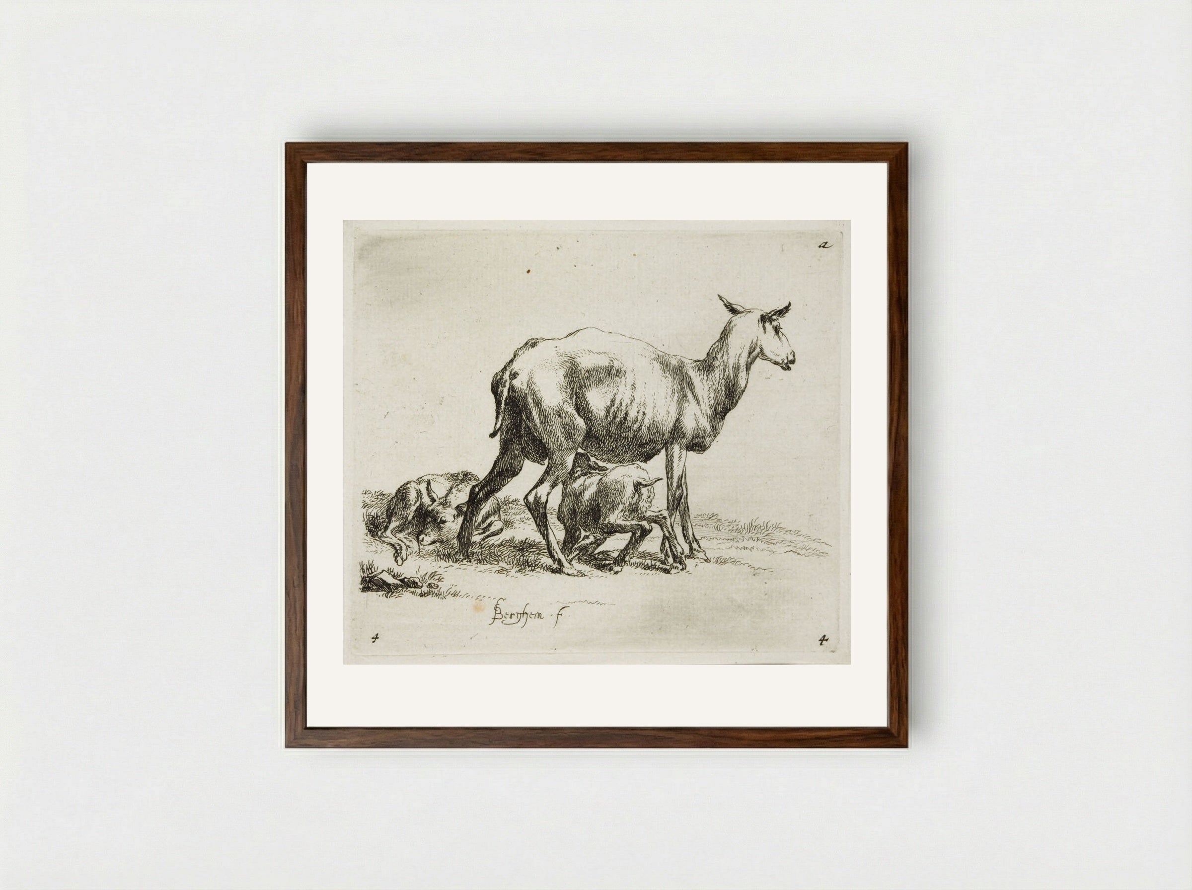 A Sheep and Two Kids - Nicolaes Berchem - Framed Print Dark Wood