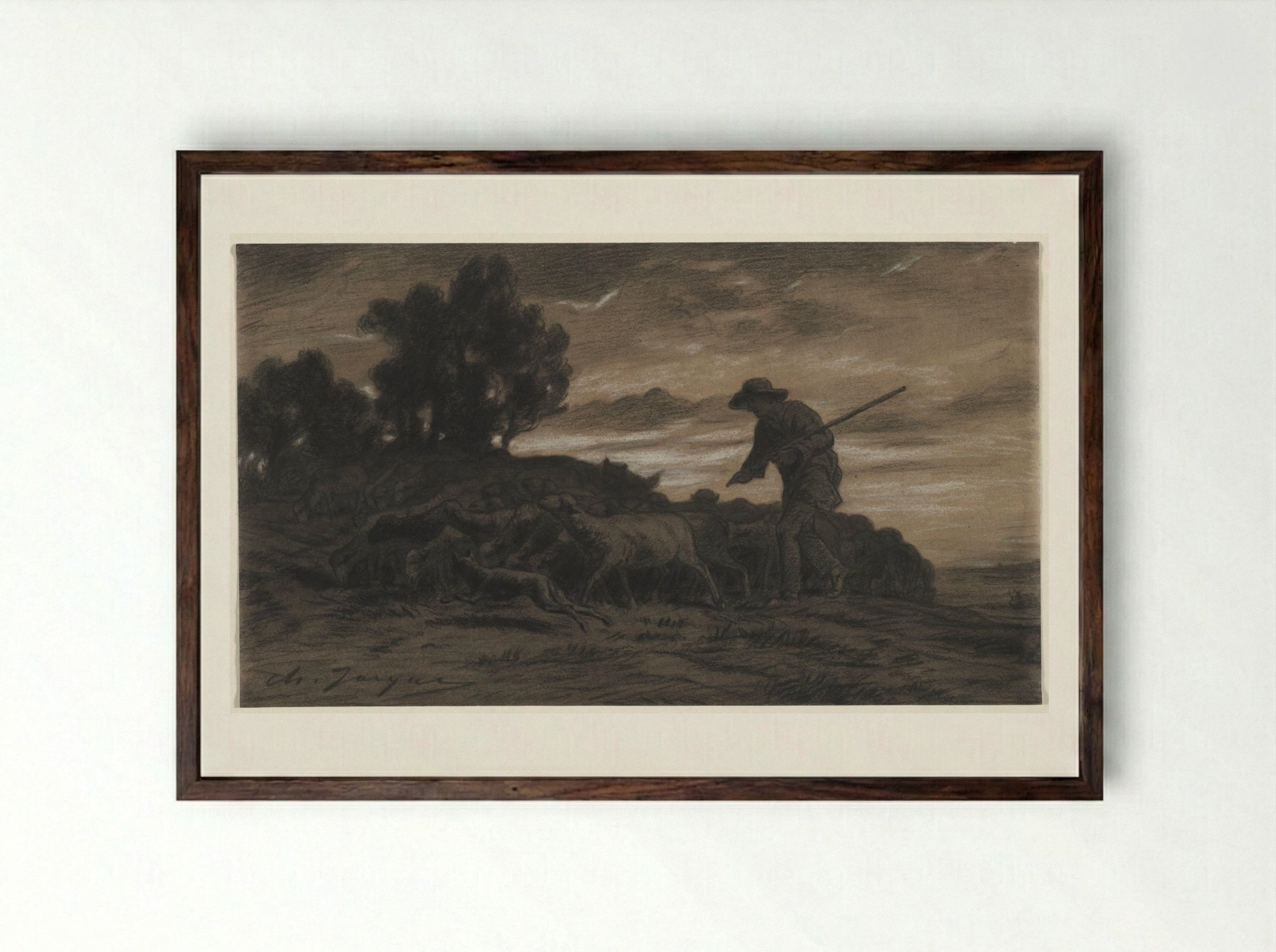 A Shepherd with His Flock - Charles-Émile Jacque - Framed Print Dark Wood