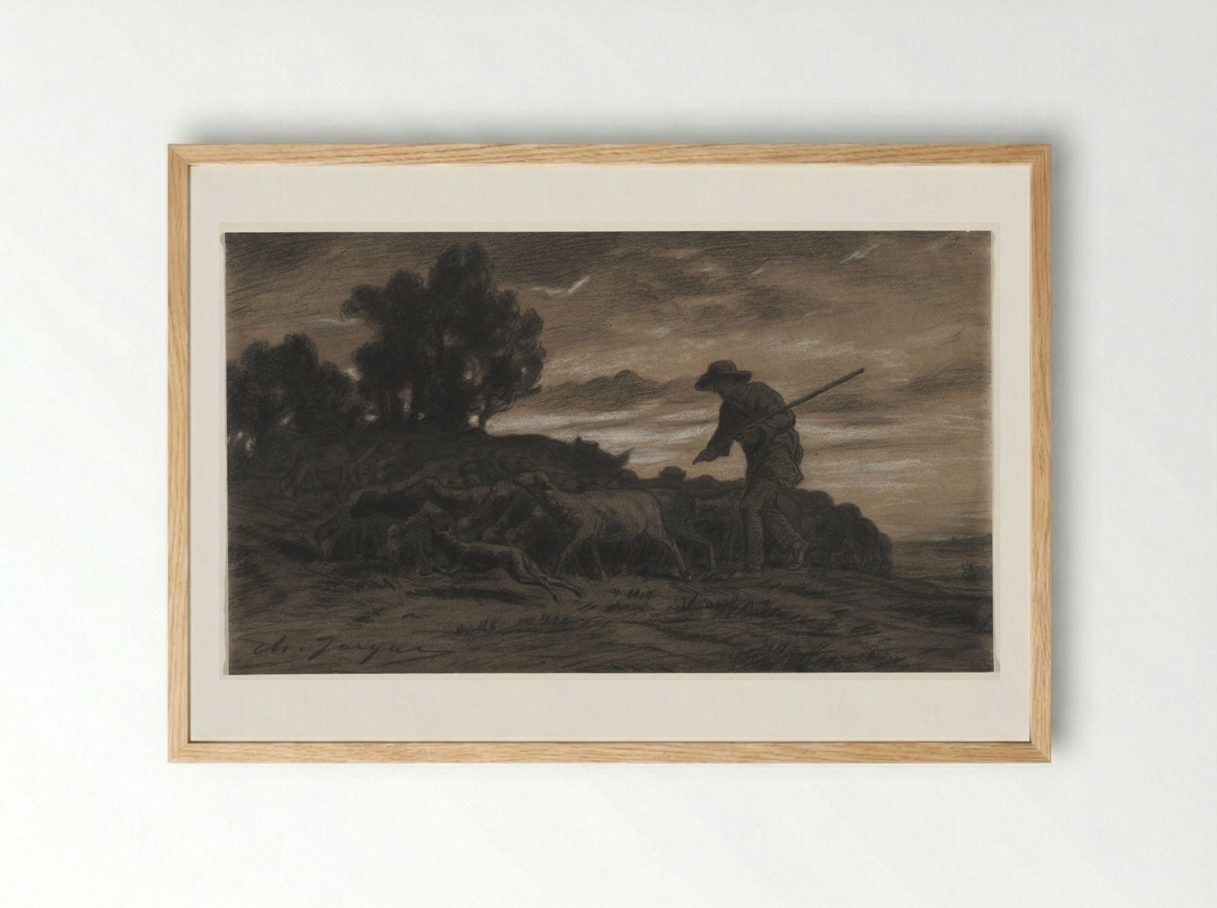 A Shepherd with His Flock - Charles-Émile Jacque - Framed Print Wood