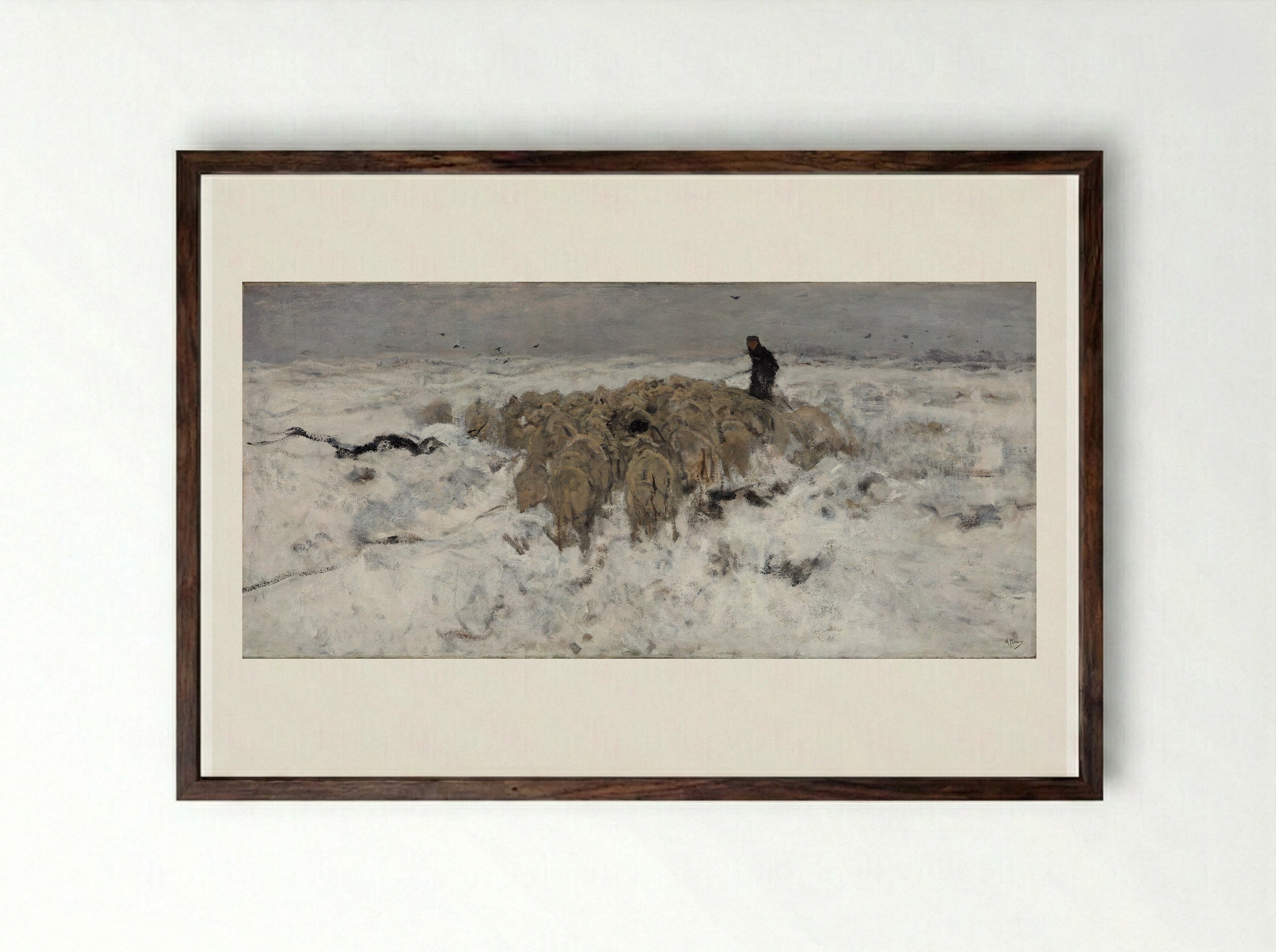 A Shepherdess with Her Flock - Anton Mauve - Framed Print Dark Wood