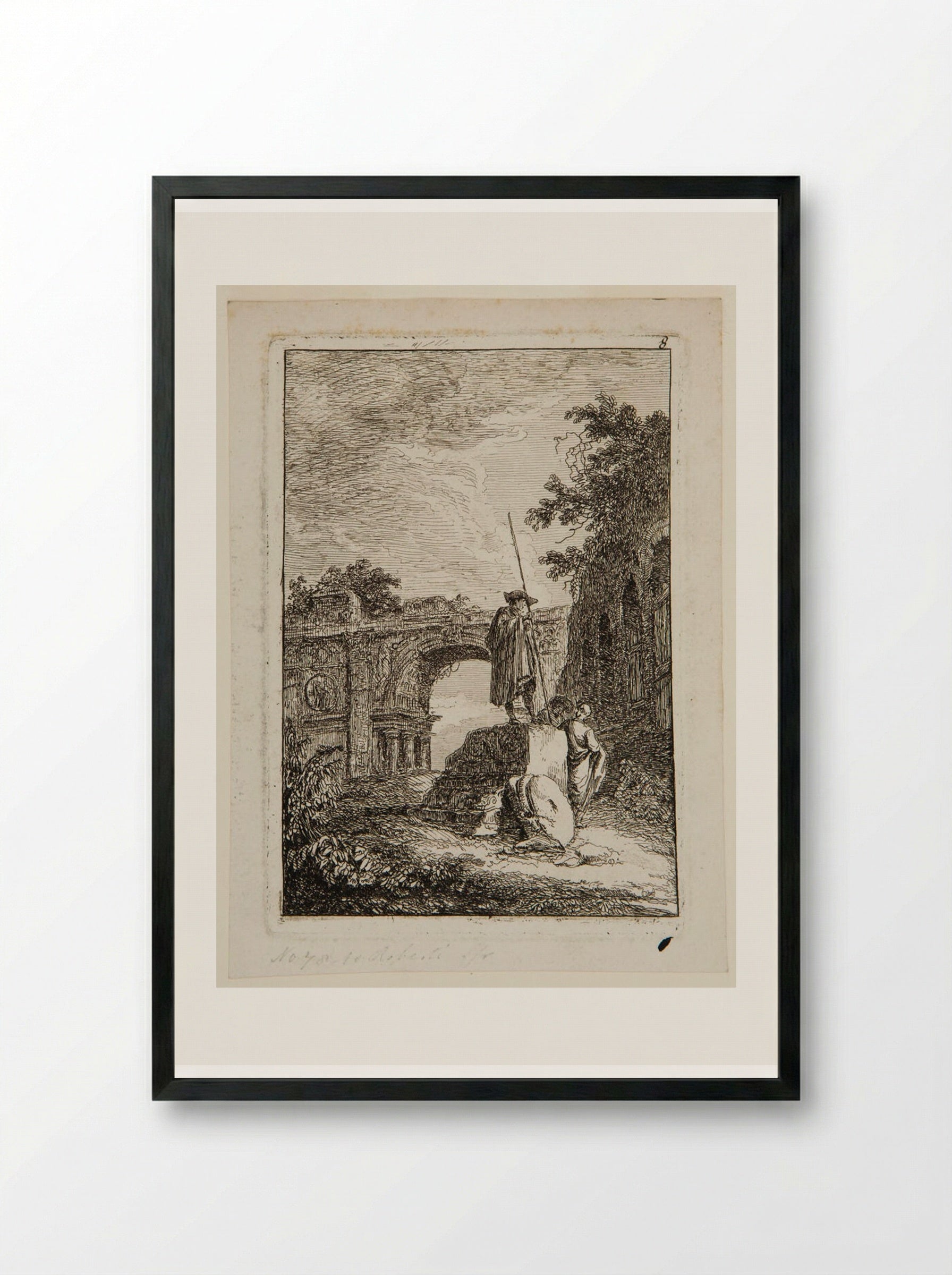 A Sightseer with a Staff Standing on an Ancient Fragment before the Arch of Septimus Servius - Hubert Robert - Framed Print Black