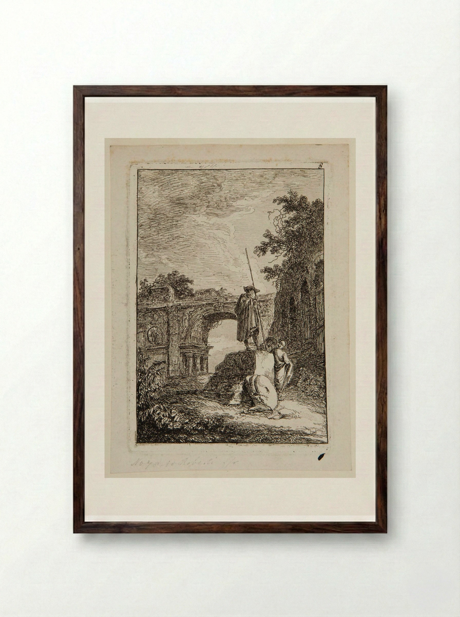 A Sightseer with a Staff Standing on an Ancient Fragment before the Arch of Septimus Servius - Hubert Robert - Framed Print Dark Wood