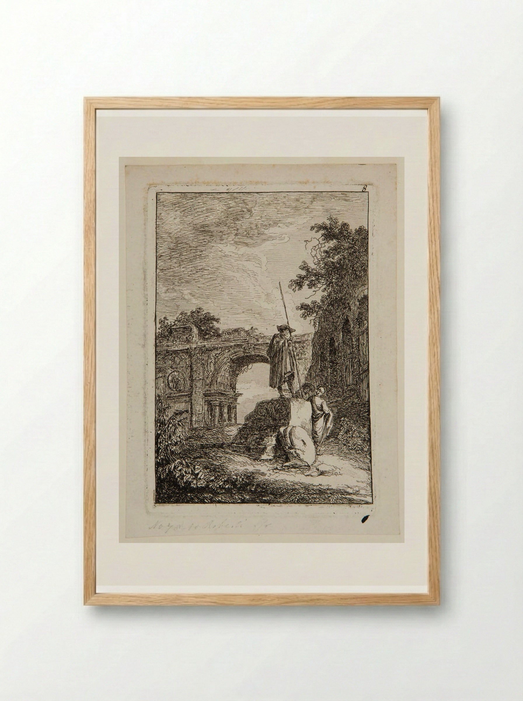 A Sightseer with a Staff Standing on an Ancient Fragment before the Arch of Septimus Servius - Hubert Robert - Framed Print Wood