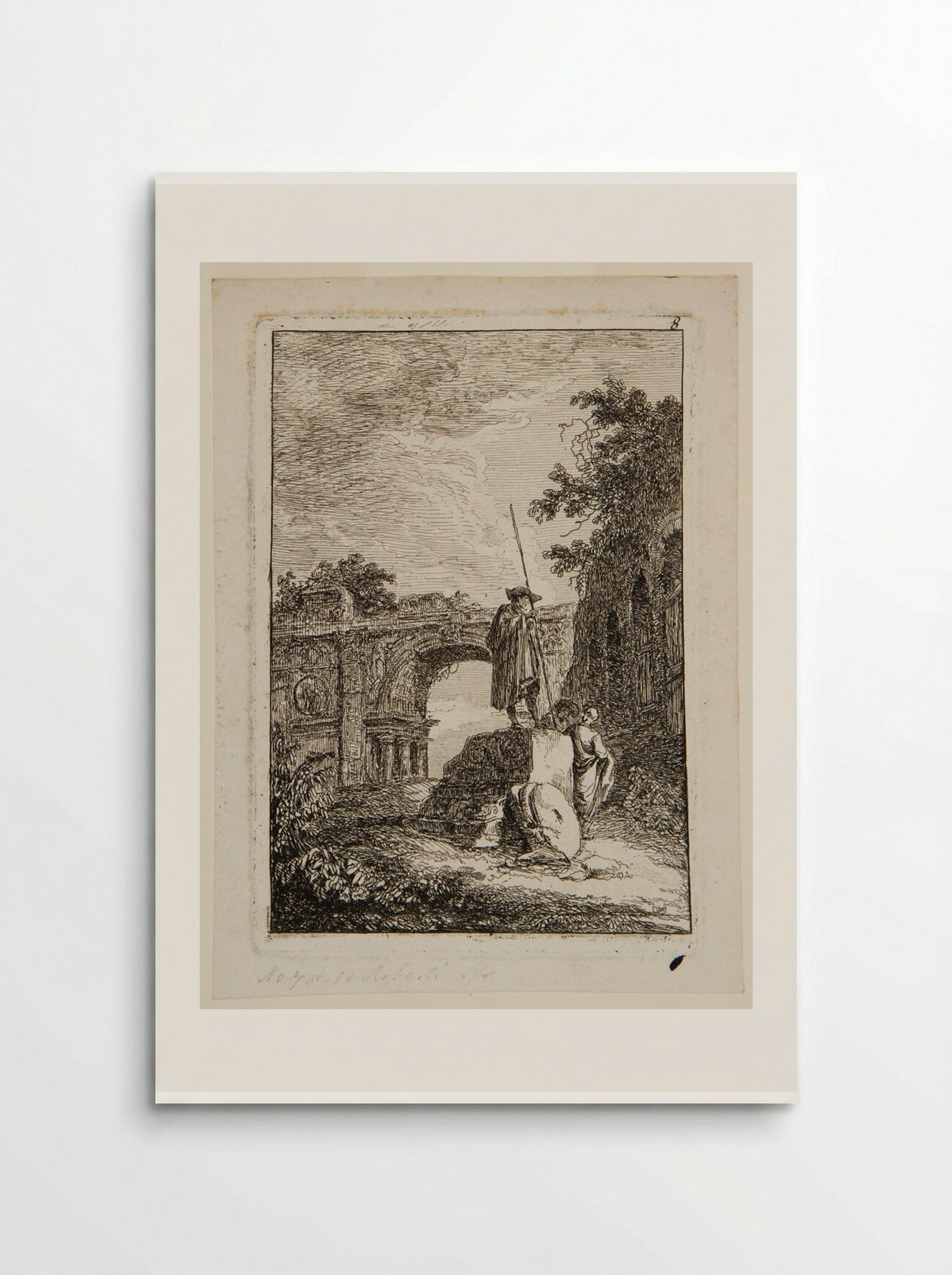 A Sightseer with a Staff Standing on an Ancient Fragment before the Arch of Septimus Servius - Hubert Robert - Poster