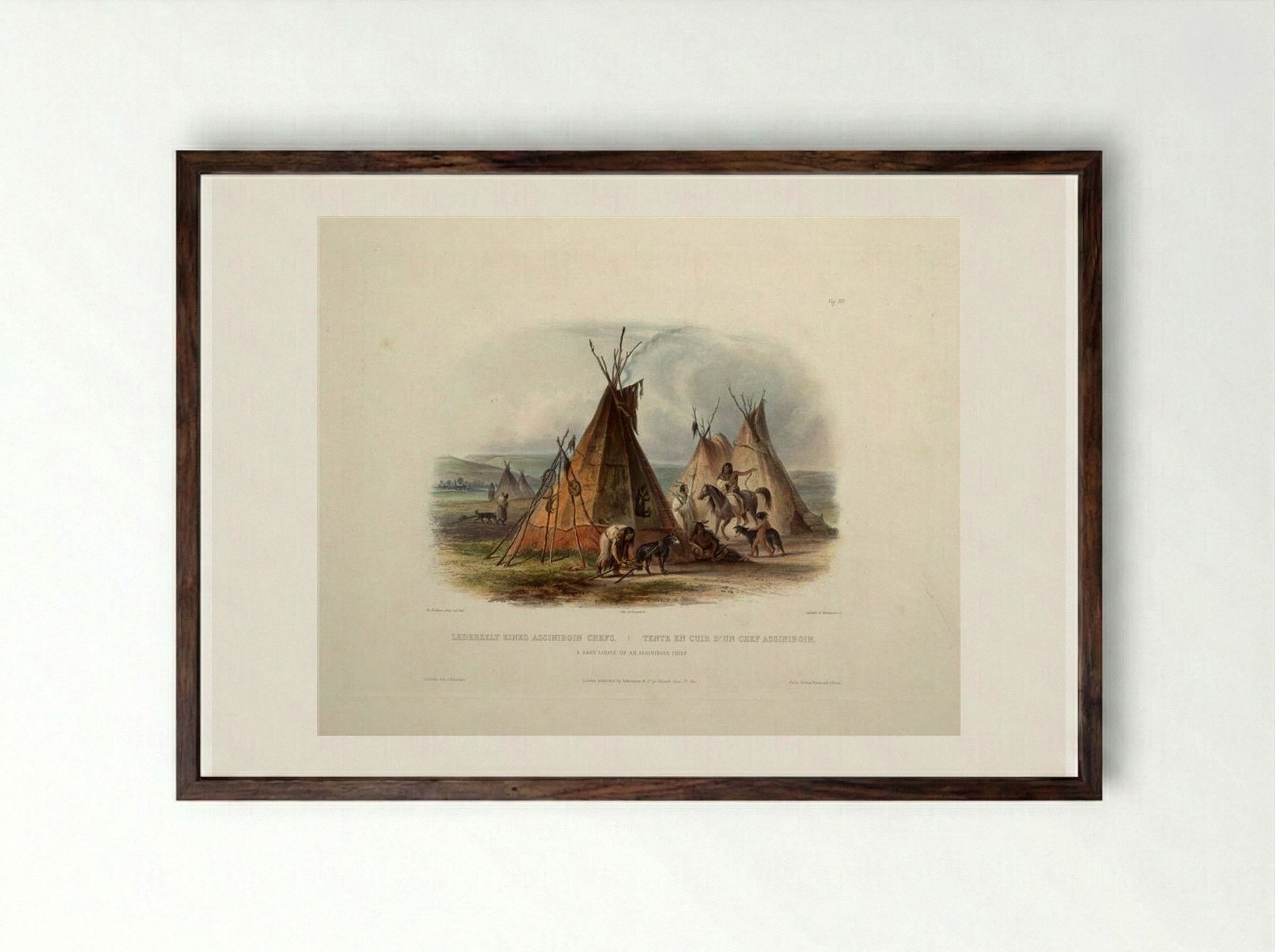 A Skin Lodge of an Assiniboin Chief - Karl Bodmer - Framed Print Dark Wood