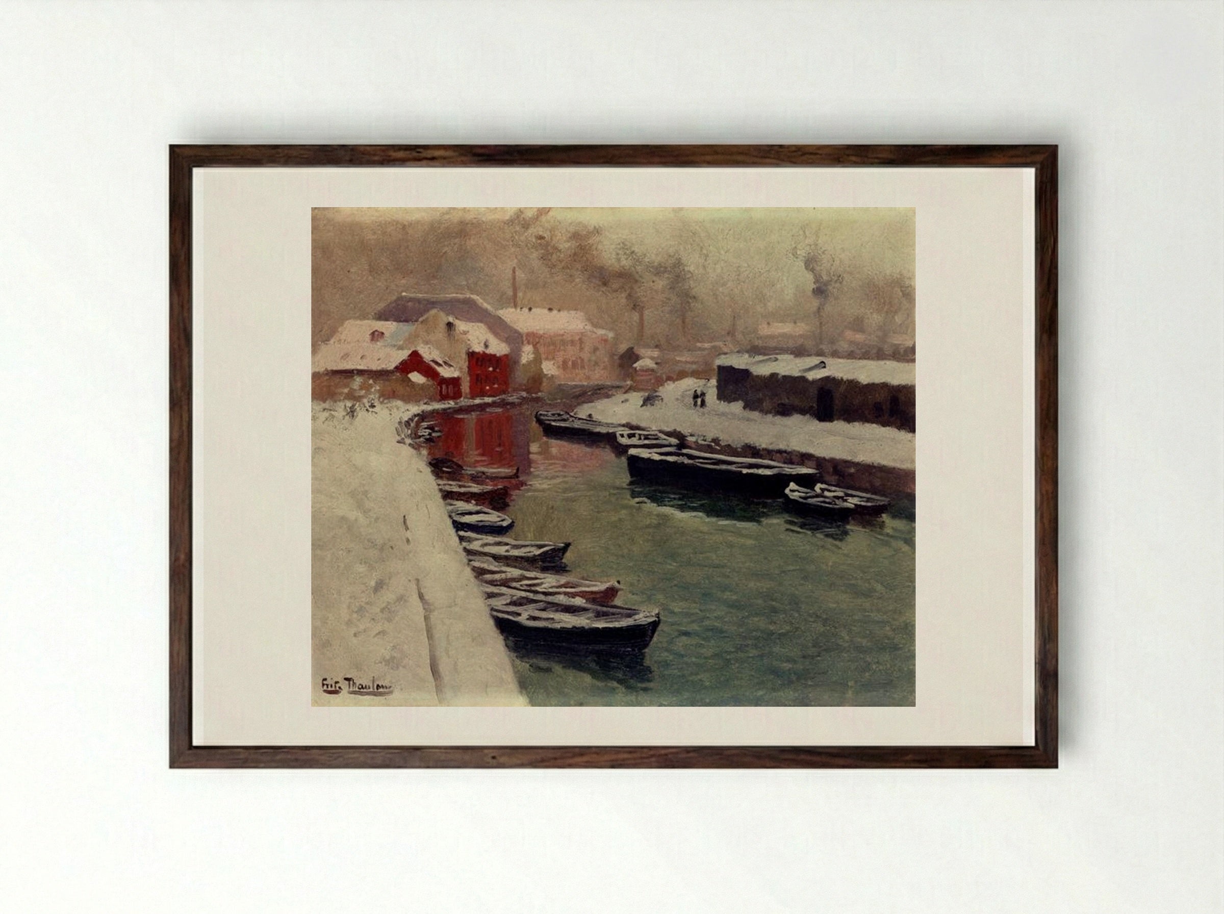 A Snowy Harbor View - Frits Thaulow - Framed Print Dark Wood