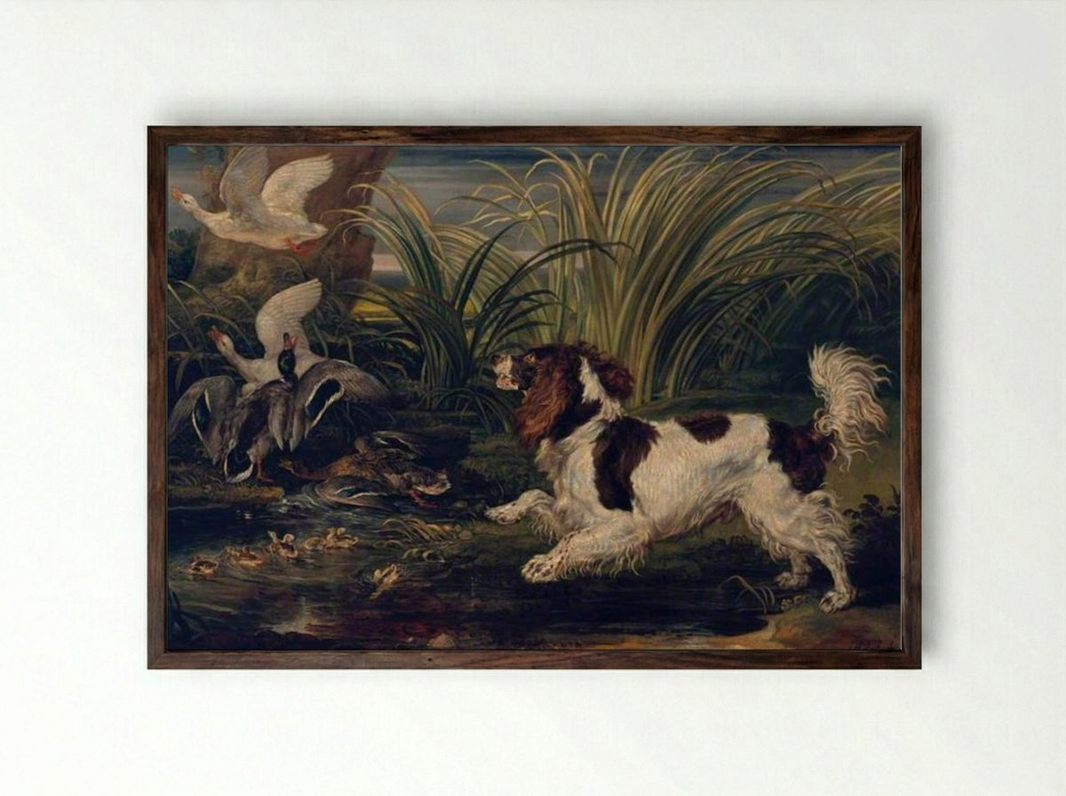 A Spaniel Frightening Ducks - James Ward - Framed Print Dark Wood