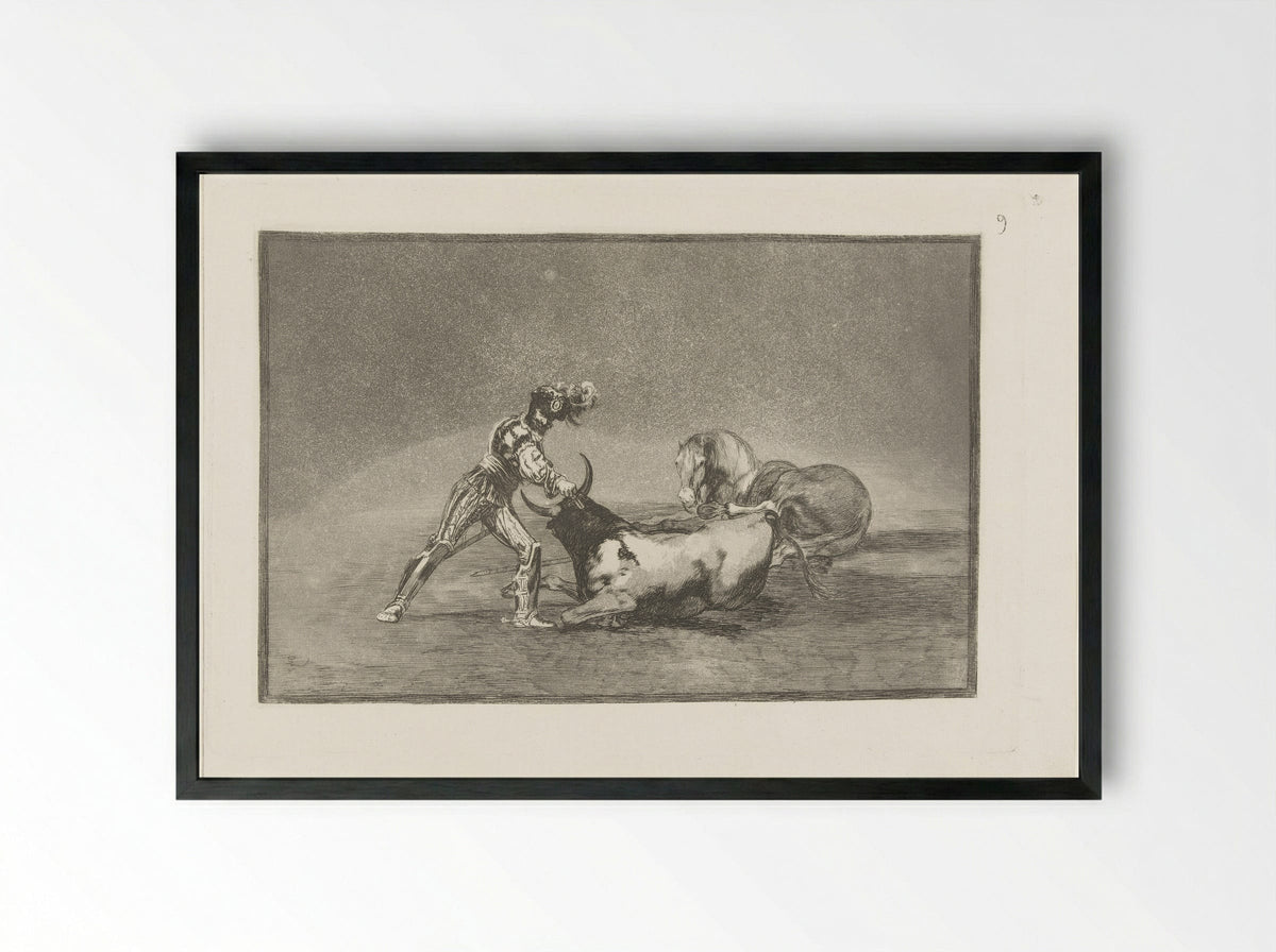 A Spanish Knight Killing a Bull - Francisco de Goya - Framed Print Black