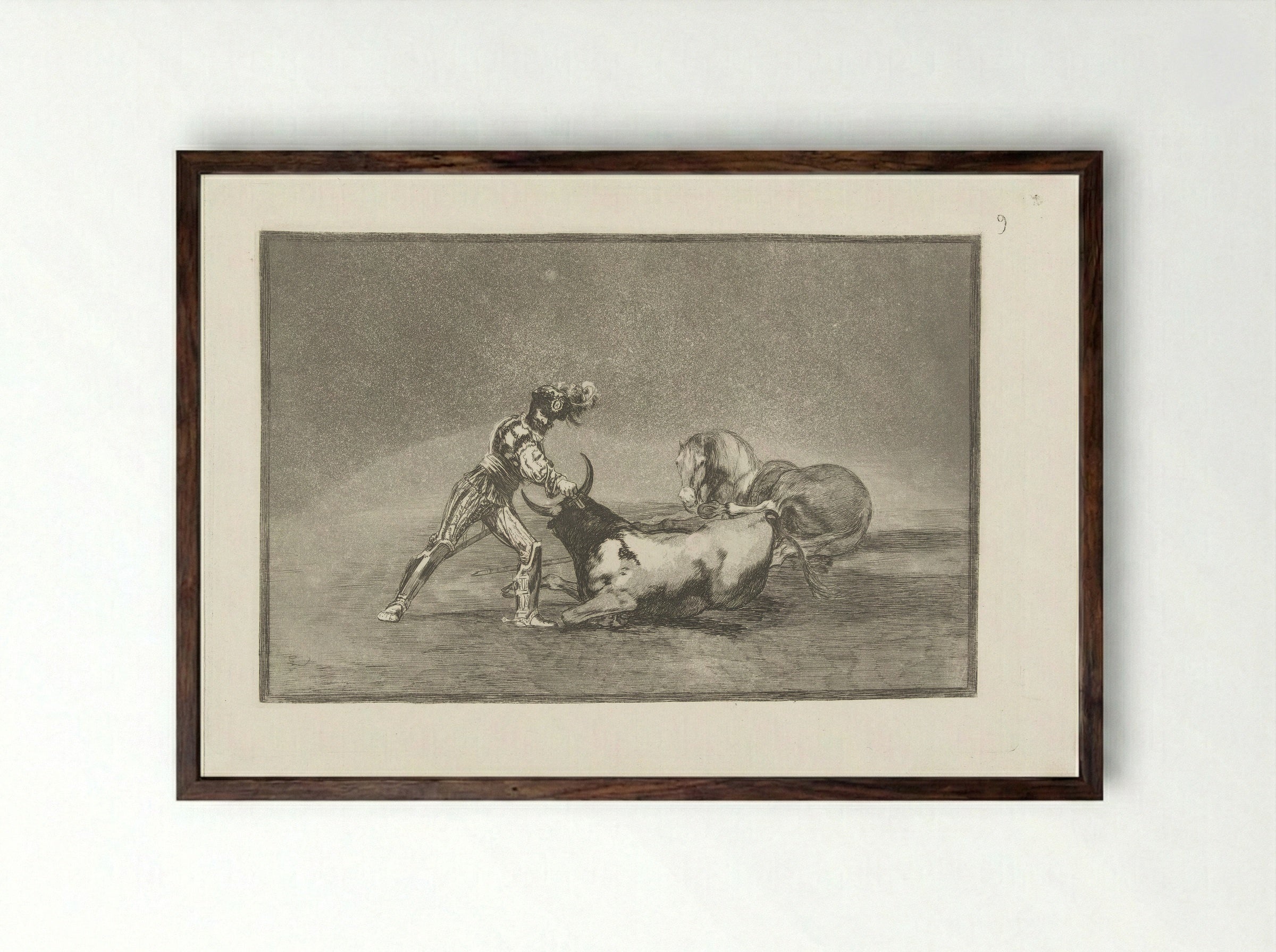 A Spanish Knight Killing a Bull - Francisco de Goya - Framed Print Dark Wood