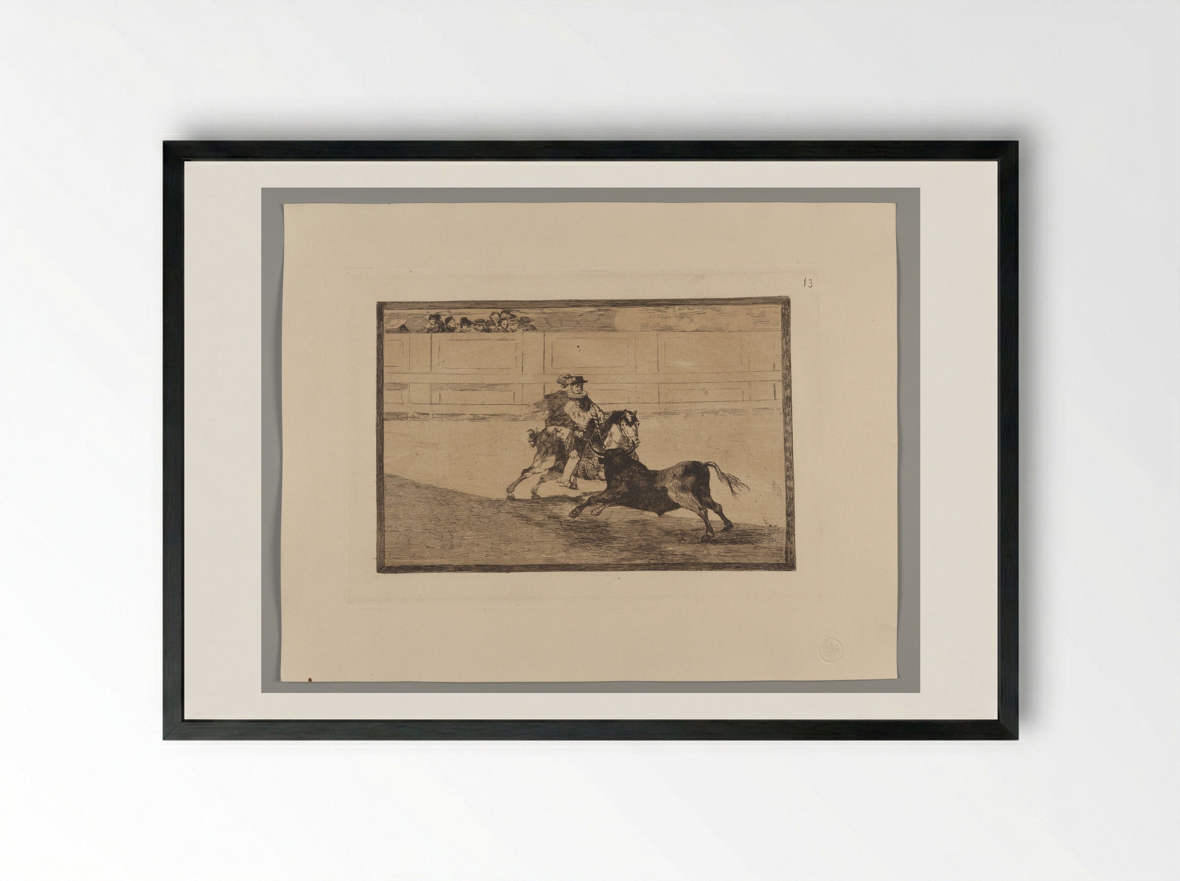 A Spanish Mounted Knight in the Ring Breaking Short Spears Without the Help of Assistants - Francisco José de Goya y Lucientes - Framed Print Black