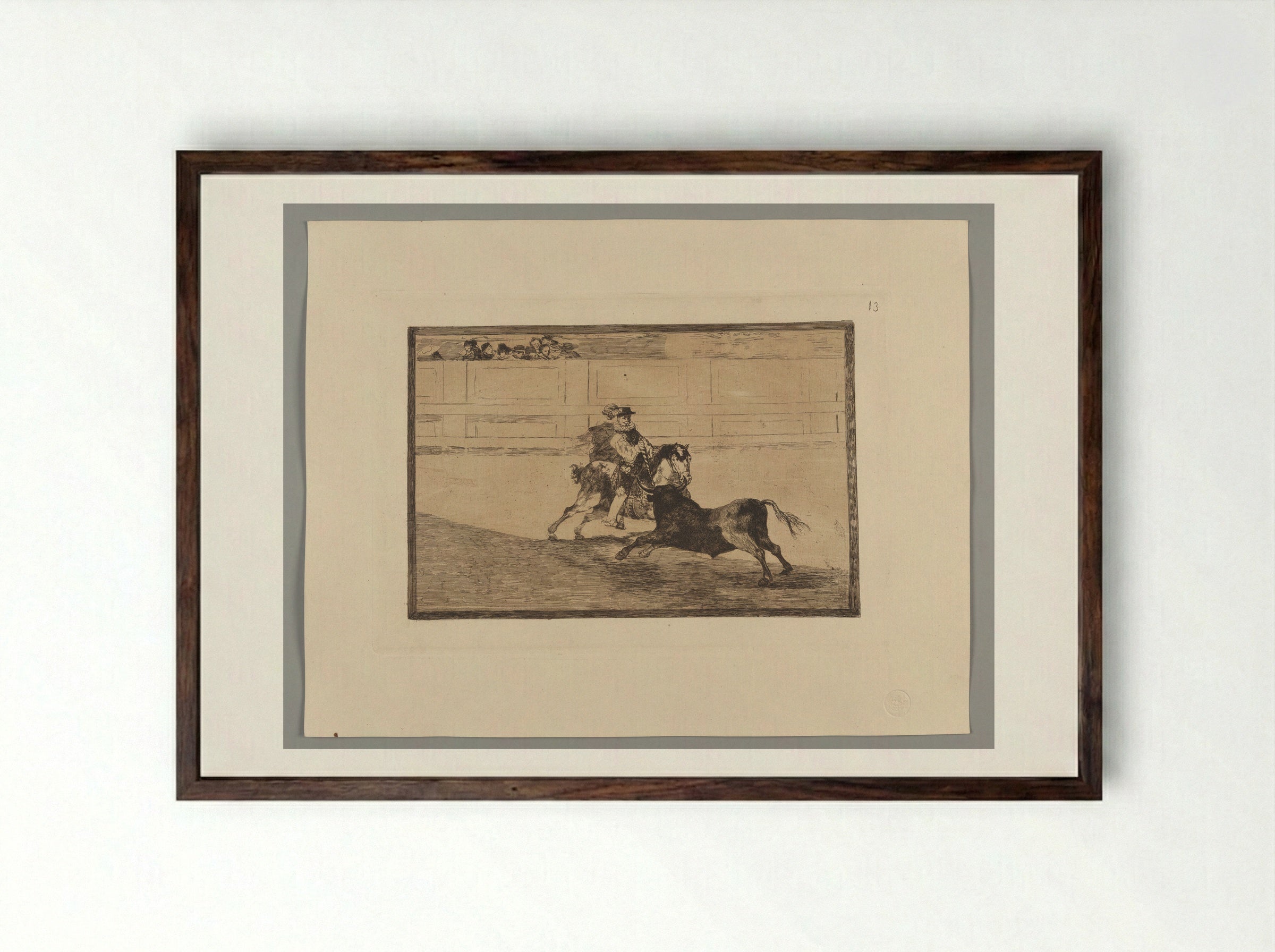 A Spanish Mounted Knight in the Ring Breaking Short Spears Without the Help of Assistants - Francisco José de Goya y Lucientes - Framed Print Dark Wood