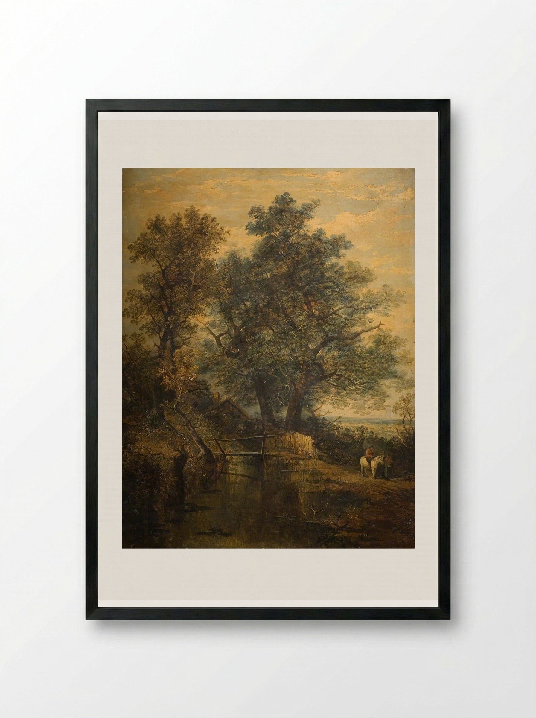 A Stream, Bridge, Trees and Two Figures in a Landscape - John Crome - Framed Print Black