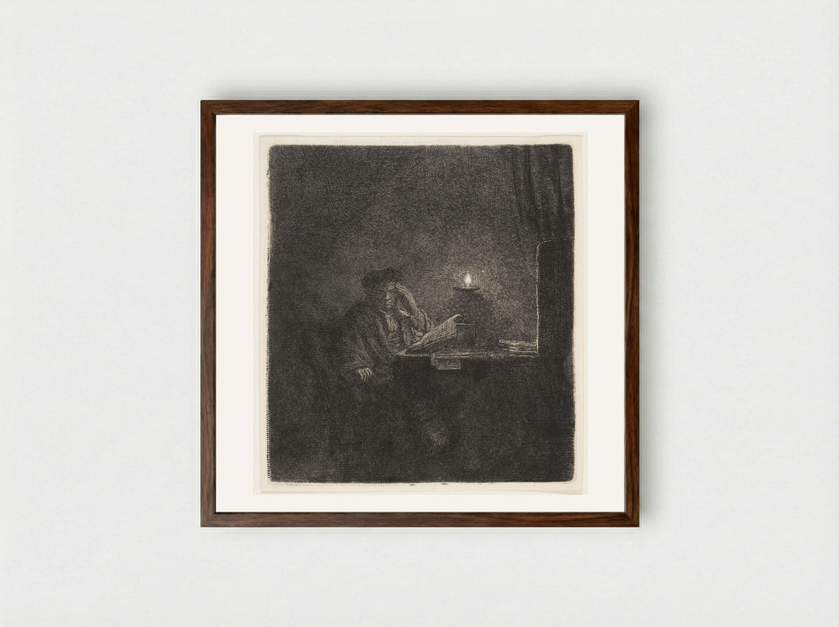 A Student at a Table by Candlelight - Rembrandt Harmensz. van Rijn - Framed Print Dark Wood