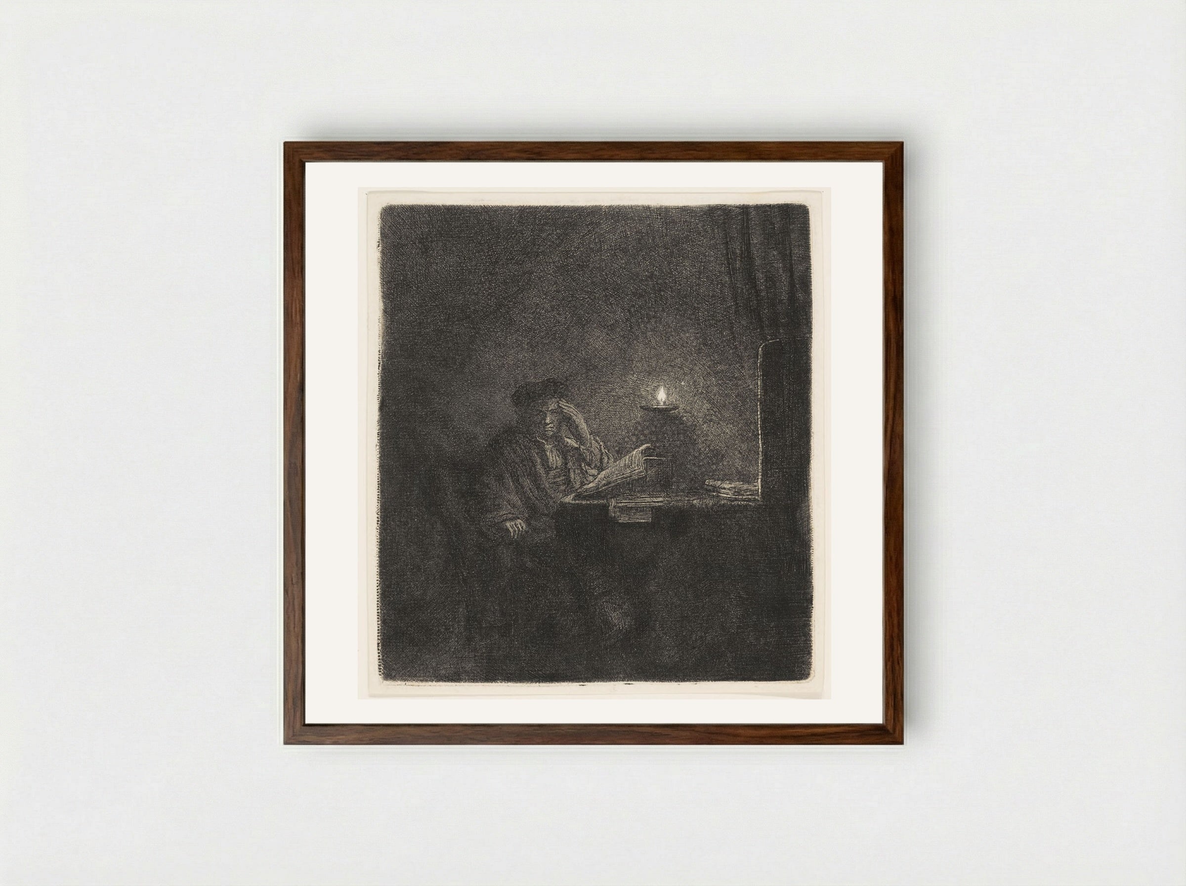 A Student at a Table by Candlelight - Rembrandt Harmensz. van Rijn - Framed Print Dark Wood