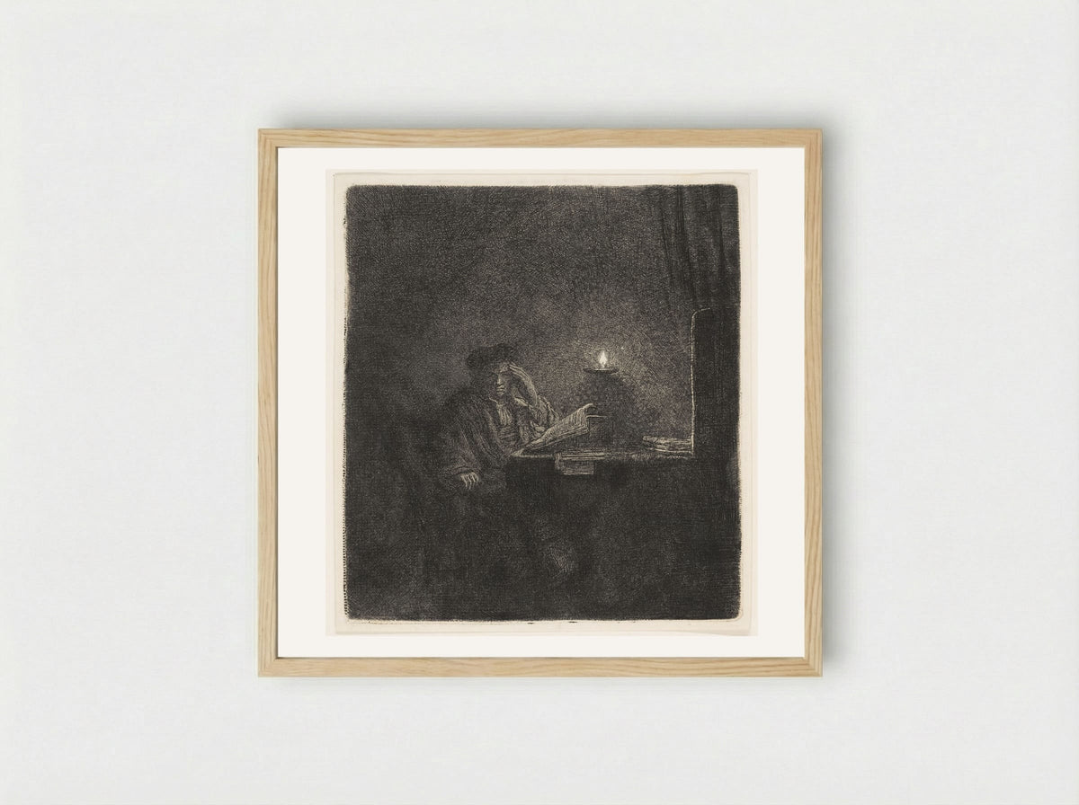 A Student at a Table by Candlelight - Rembrandt Harmensz. van Rijn - Framed Print Wood