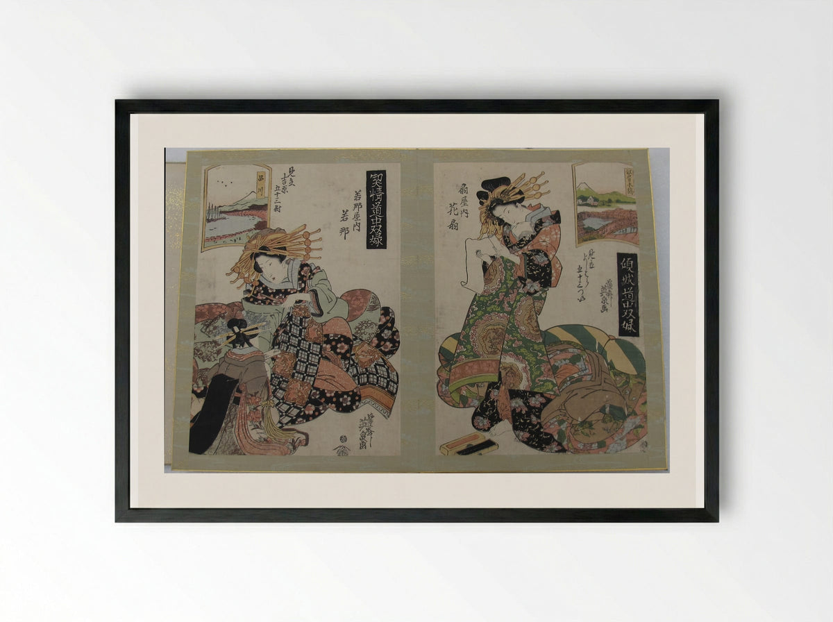A Tōkaidō Board Game of Courtesans - Keisai Eisen - Framed Print Black
