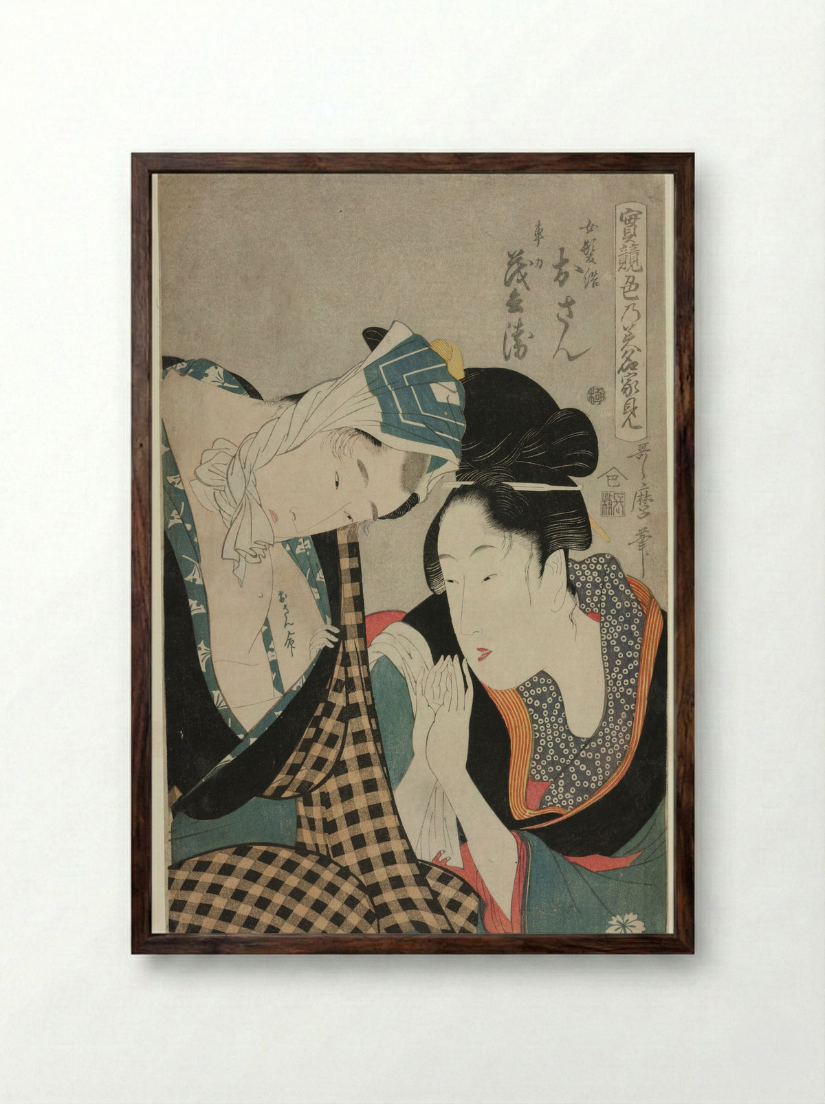 A Test of Skill - the Headwaters of Amorousness (Jitsu kurabe iro no minakami): Osan and Mohei - Kitagawa Utamaro - Framed Print Dark Wood