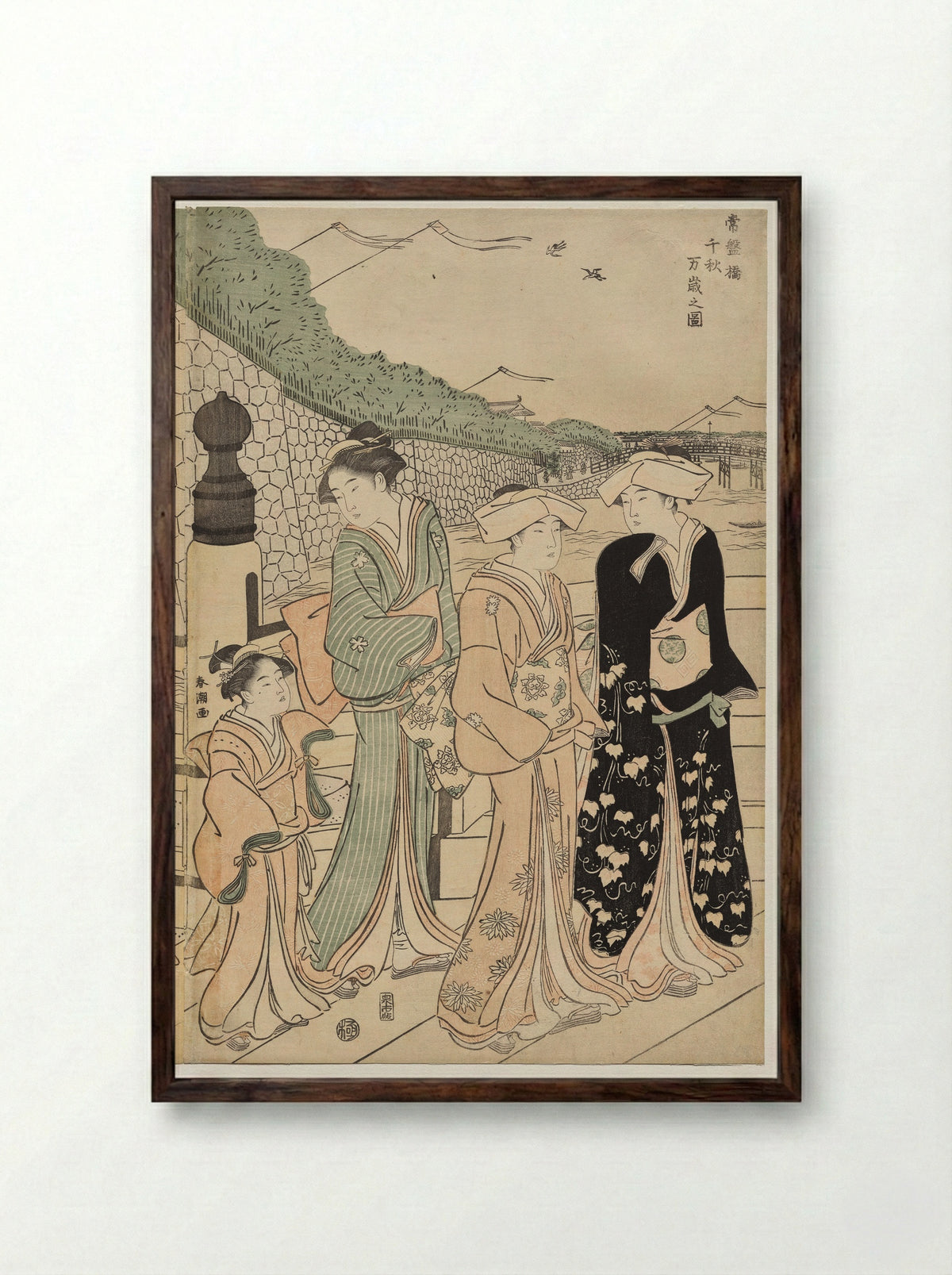 A Thousand Autumns, Ten Thousand Years on Tokiwa Bridge - Katsukawa Shunchō - Framed Print Dark Wood