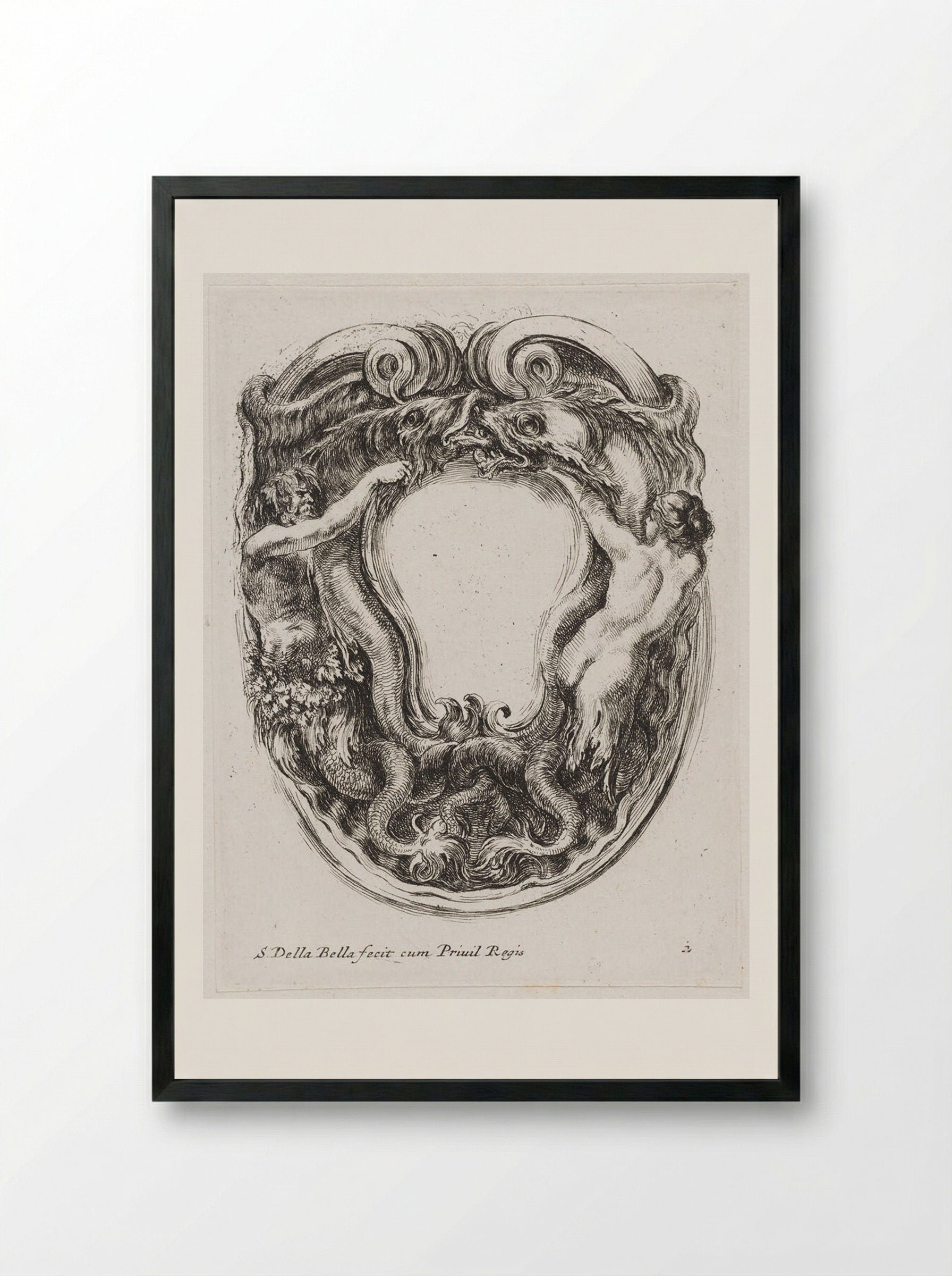 A Triton and a Nereid Battling Sea Monsters - Stefano Della Bella - Framed Print Black