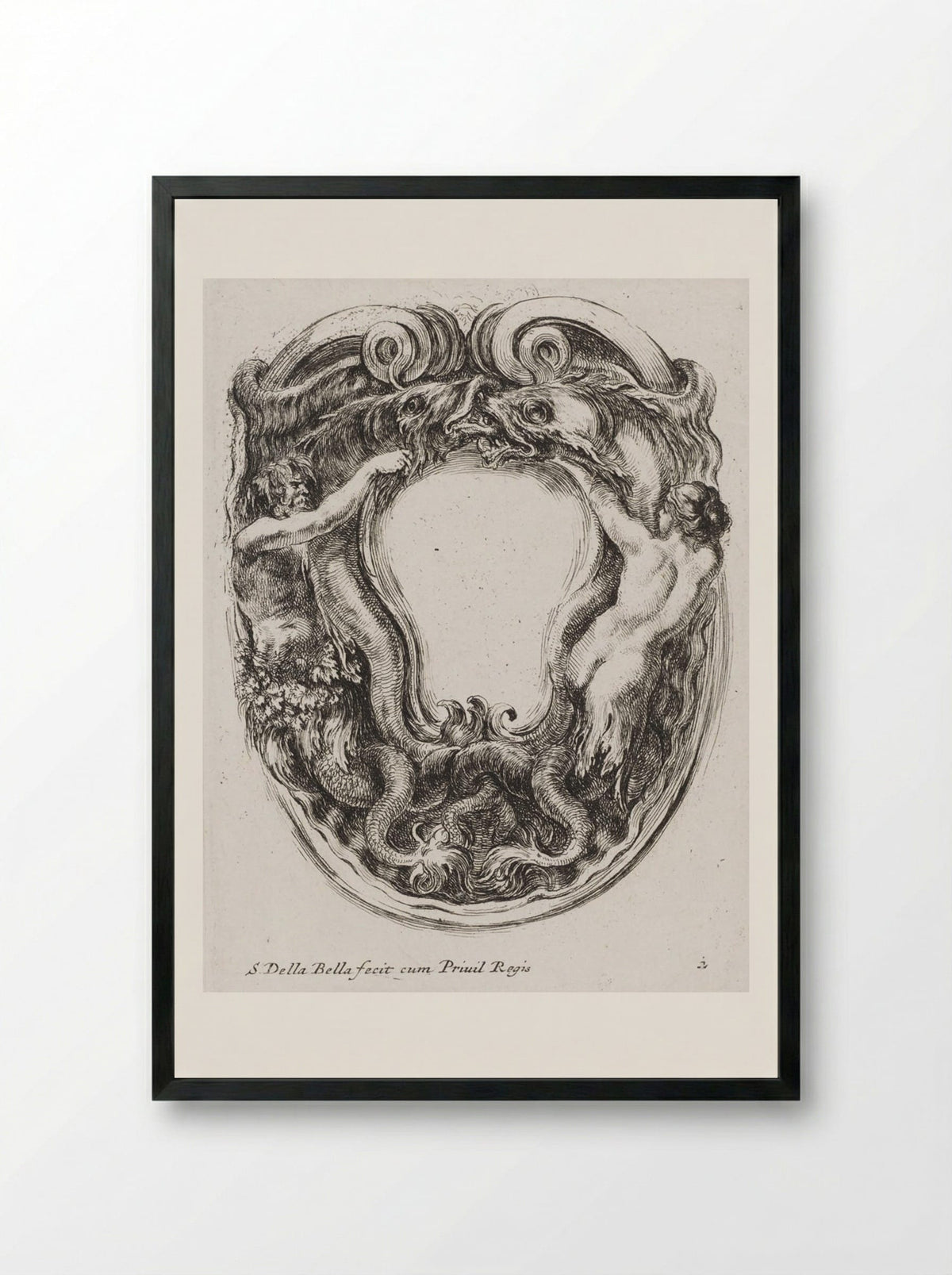 A Triton and a Nereid Battling Sea Monsters - Stefano Della Bella - Framed Print Black