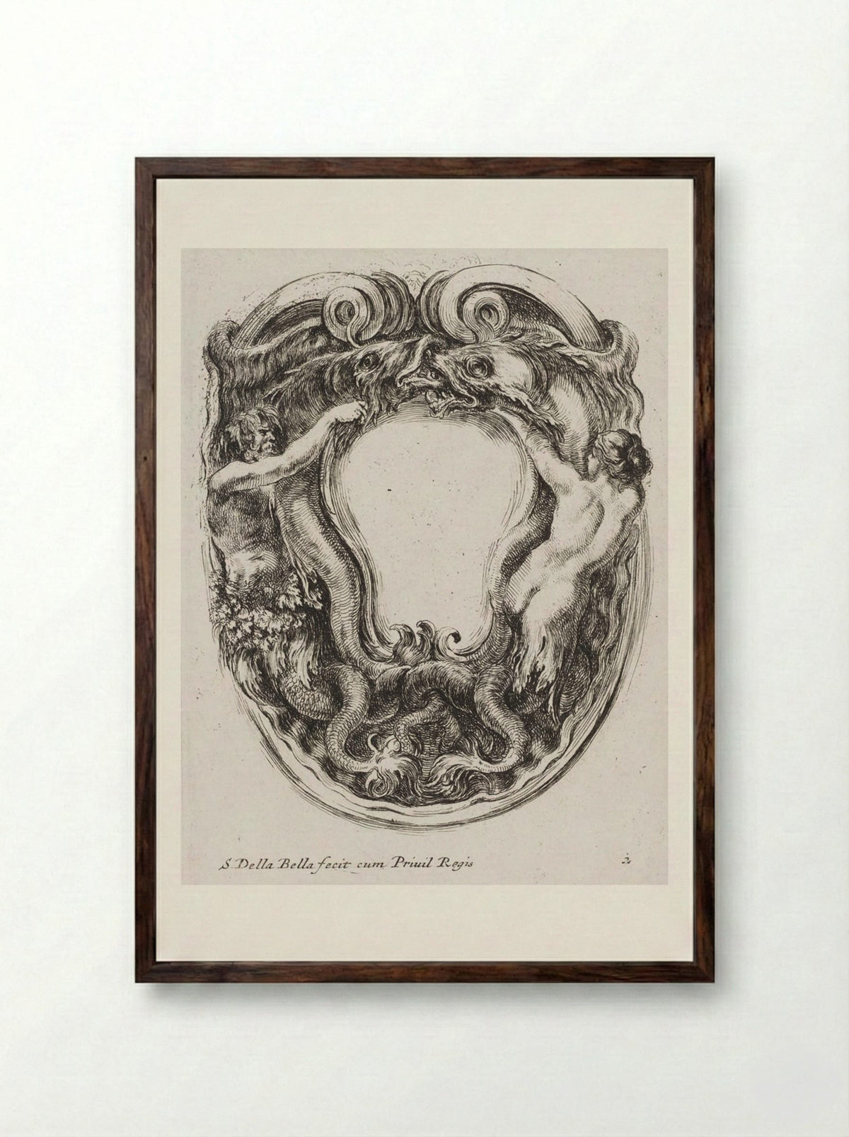 A Triton and a Nereid Battling Sea Monsters - Stefano Della Bella - Framed Print Dark Wood