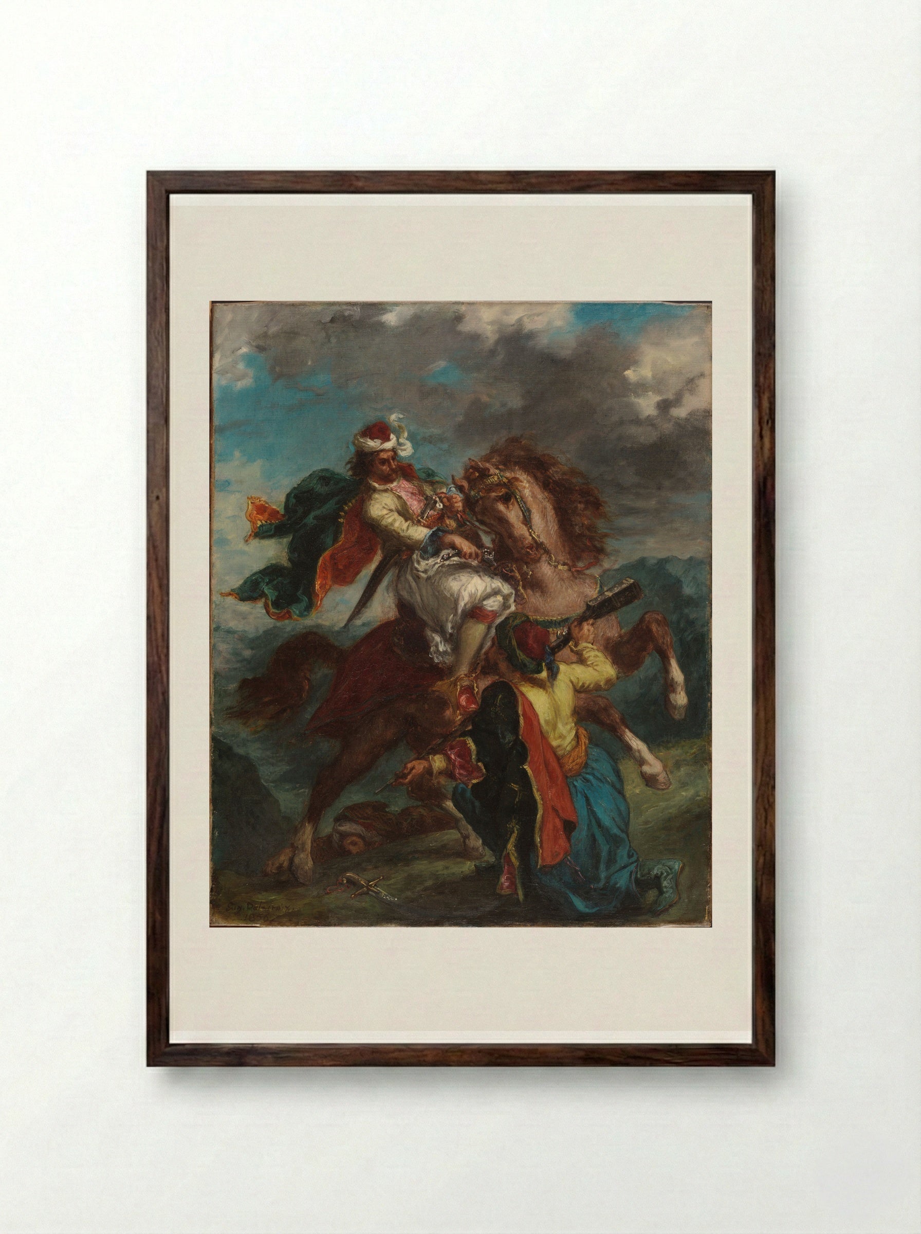 A Turk Surrenders to a Greek Horseman - Ferdinand-Victor-Eugène Delacroix - Framed Print Dark Wood
