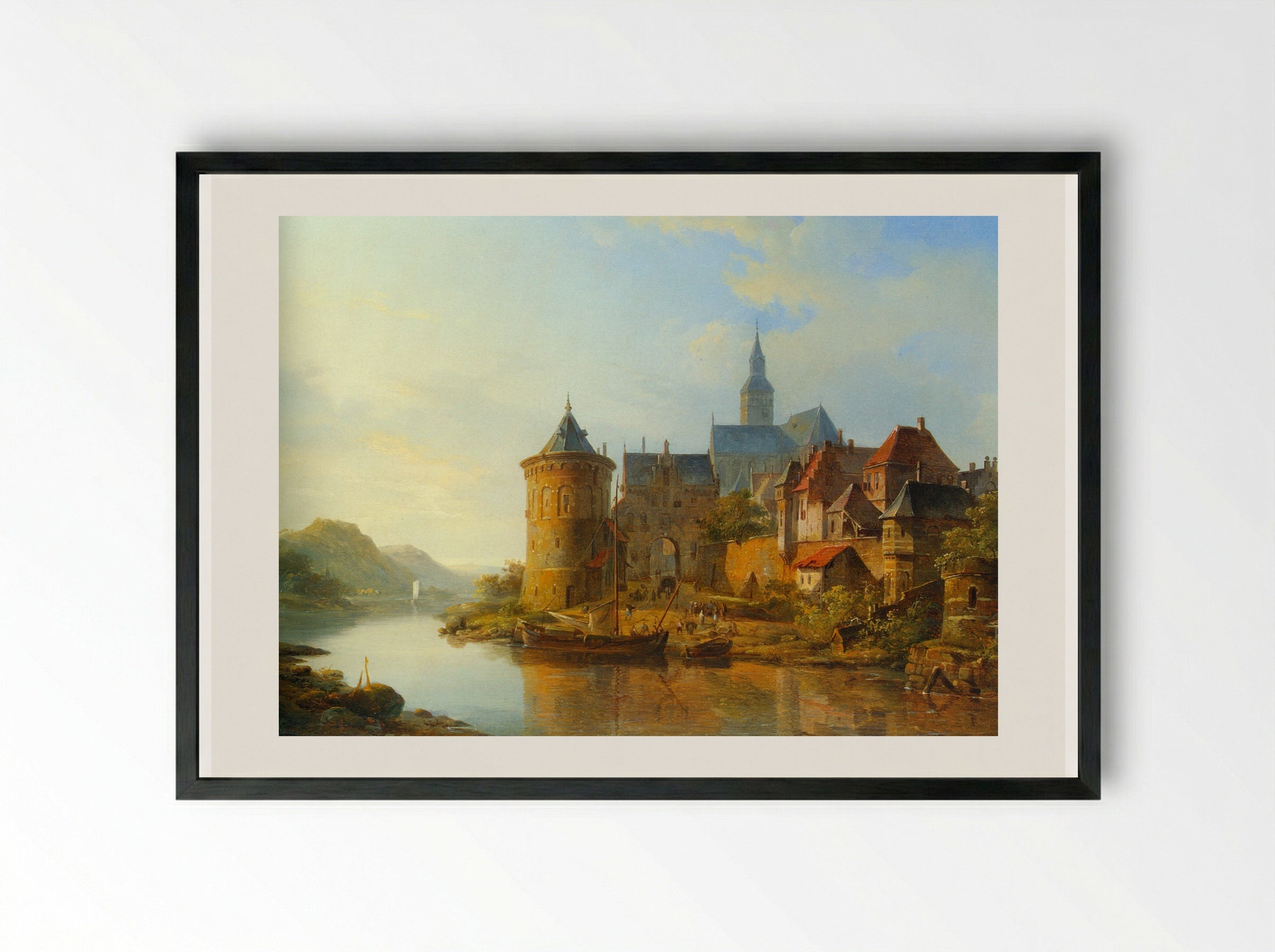 A View of a Town along the Rhine - Cornelis Springer - Framed Print Black