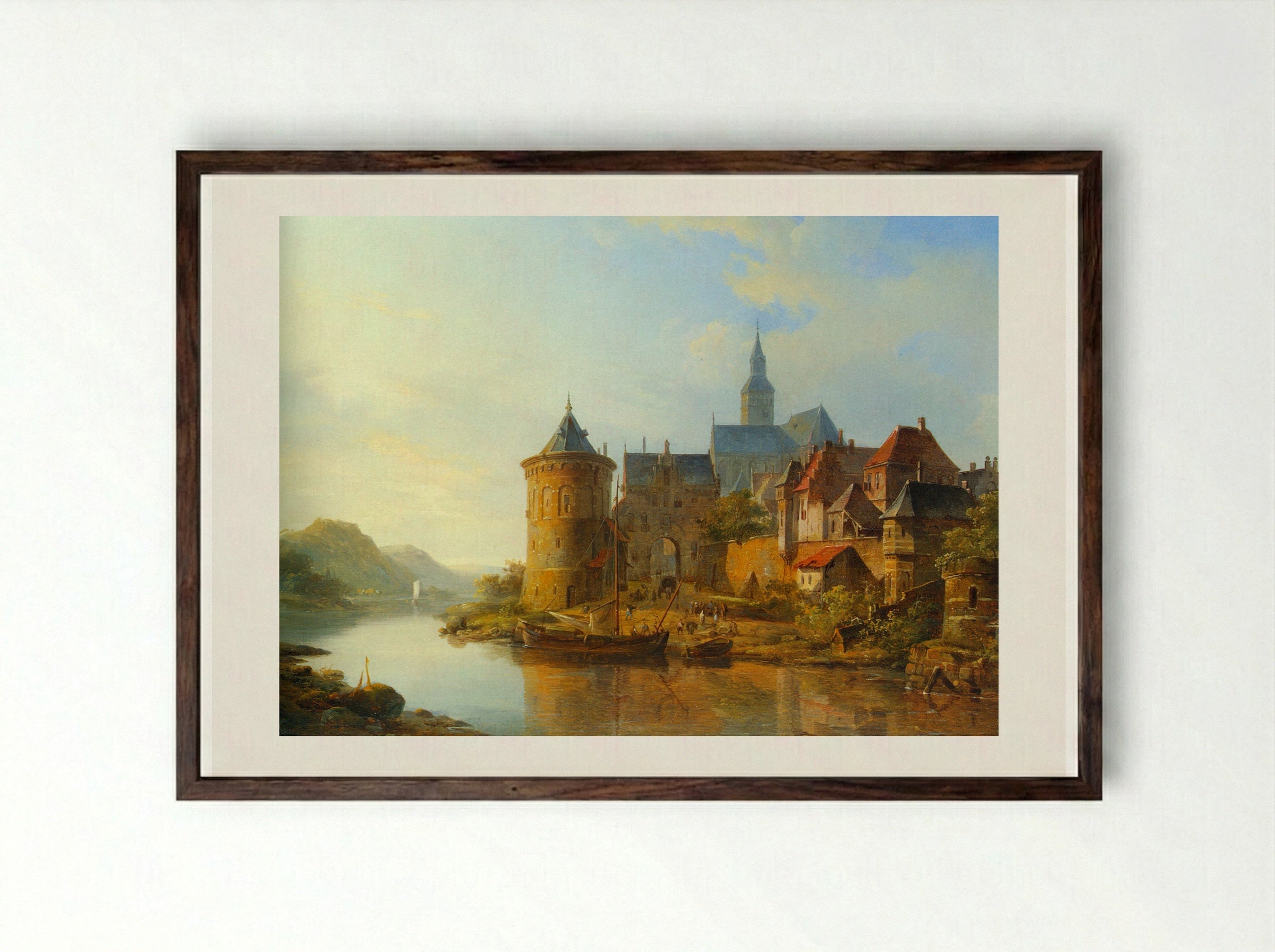 A View of a Town along the Rhine - Cornelis Springer - Framed Print Dark Wood