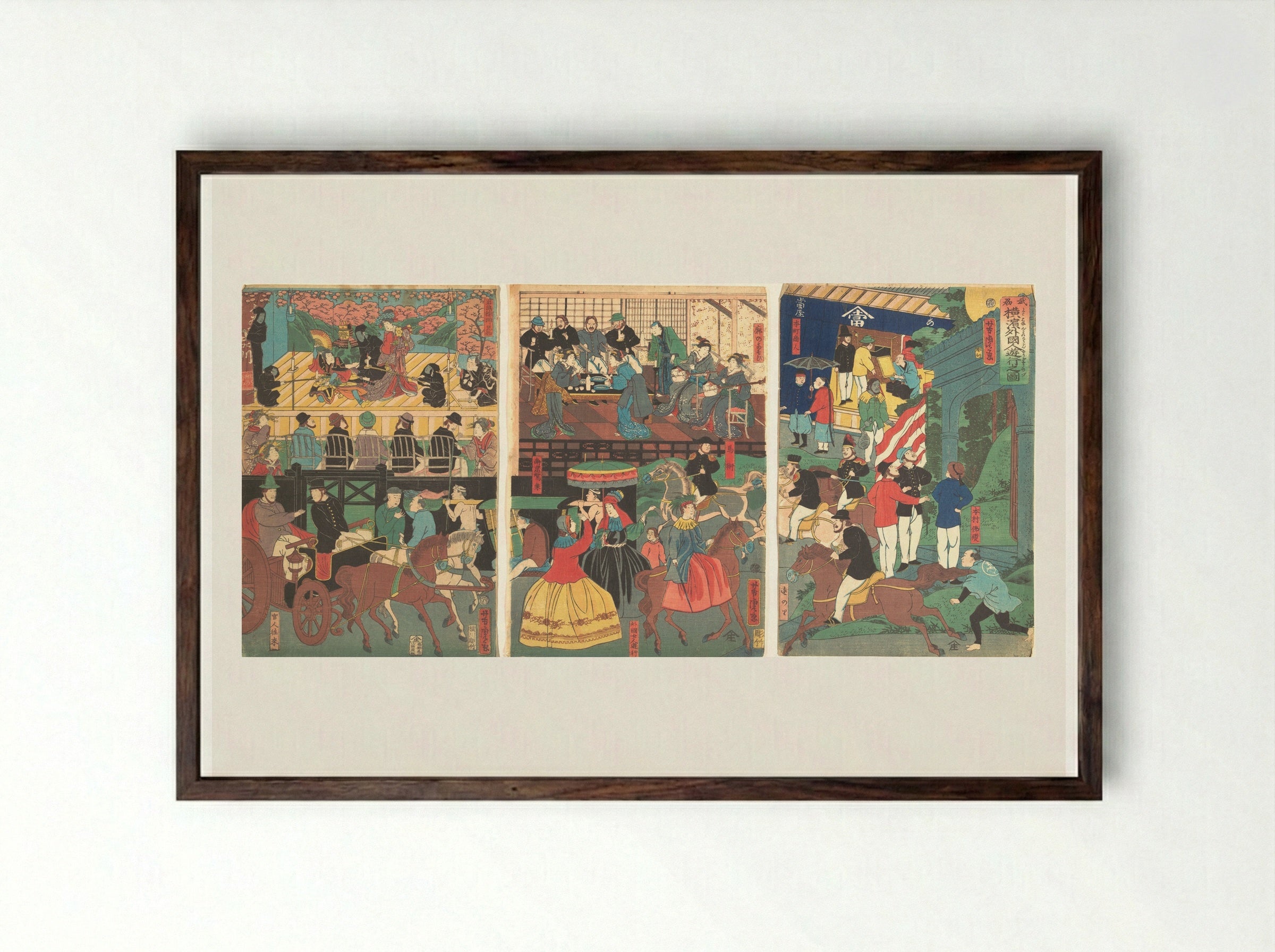A View of the Amusements of the Foreigners in Yokohama, Bushu - Utagawa Yoshitora - Framed Print Dark Wood