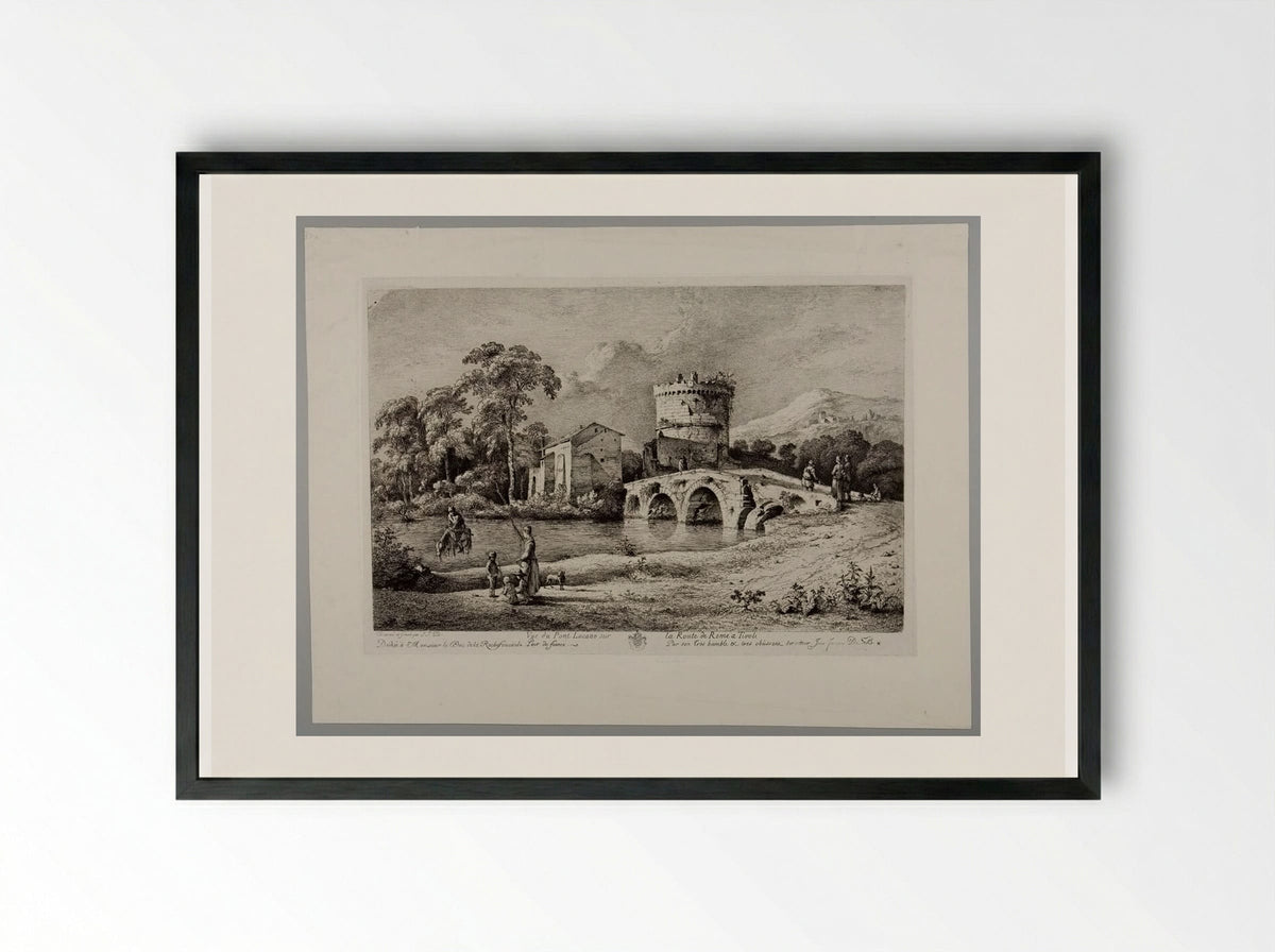 A View of the Bridge of Lucano over the Road to Rome at Tivoli - Jean-Jacques de Boissieu - Framed Print Black