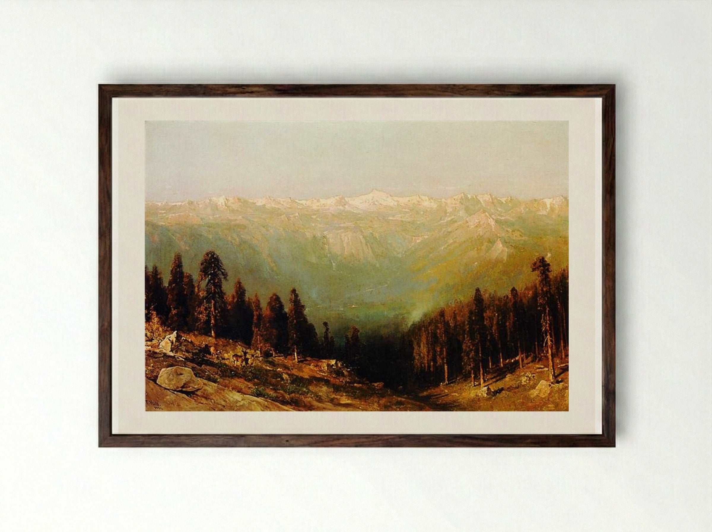 A View of the Hetch Hetchy Valley with Deer in the Foreground and Mount Conness in the Distance - Thomas Hill - Framed Print Dark Wood