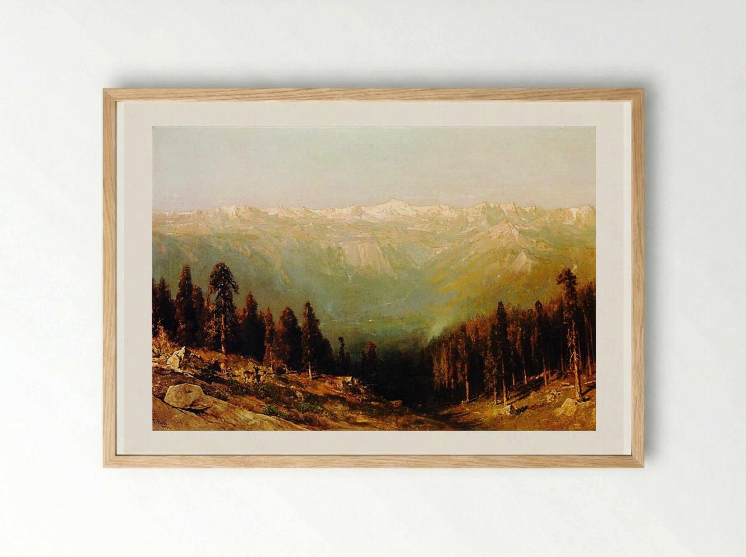 A View of the Hetch Hetchy Valley with Deer in the Foreground and Mount Conness in the Distance - Thomas Hill - Framed Print Wood
