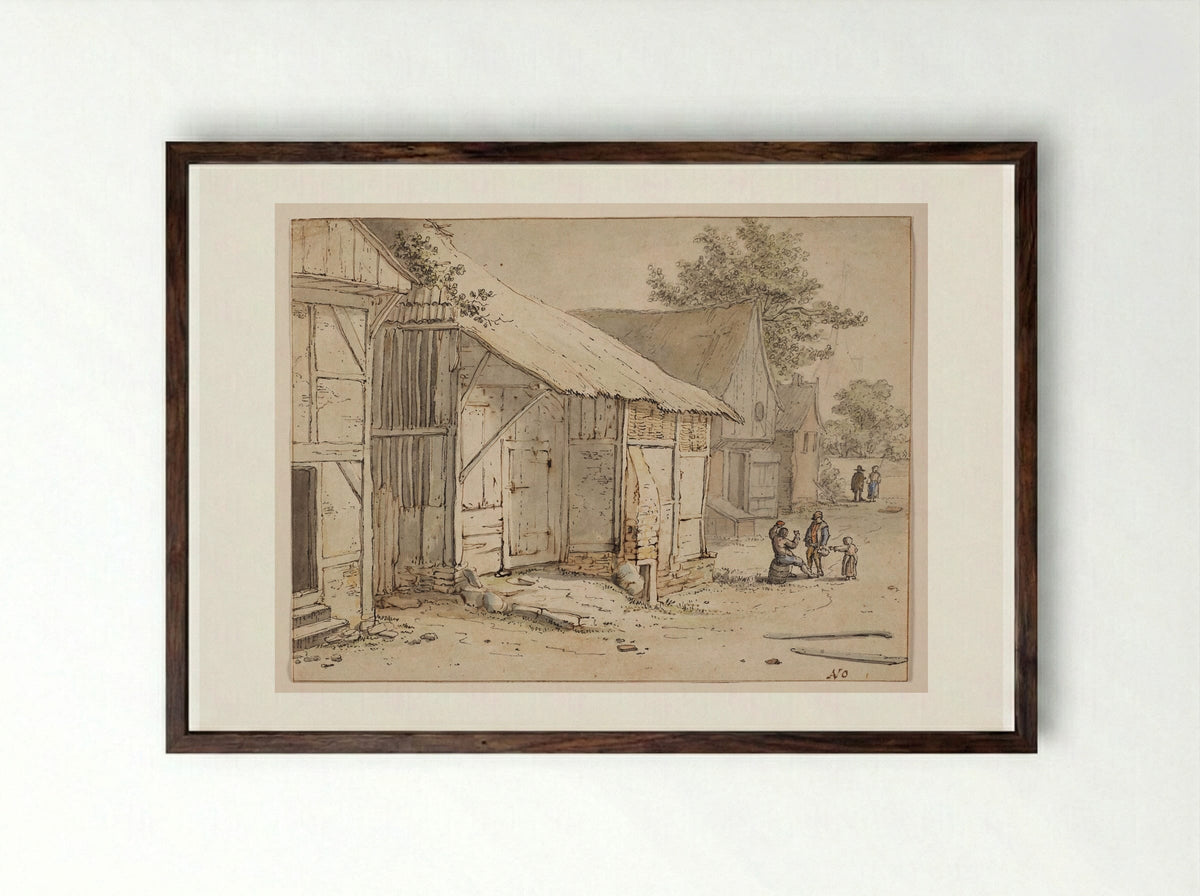 A Village Street - Cornelis Dusart - Framed Print Dark Wood