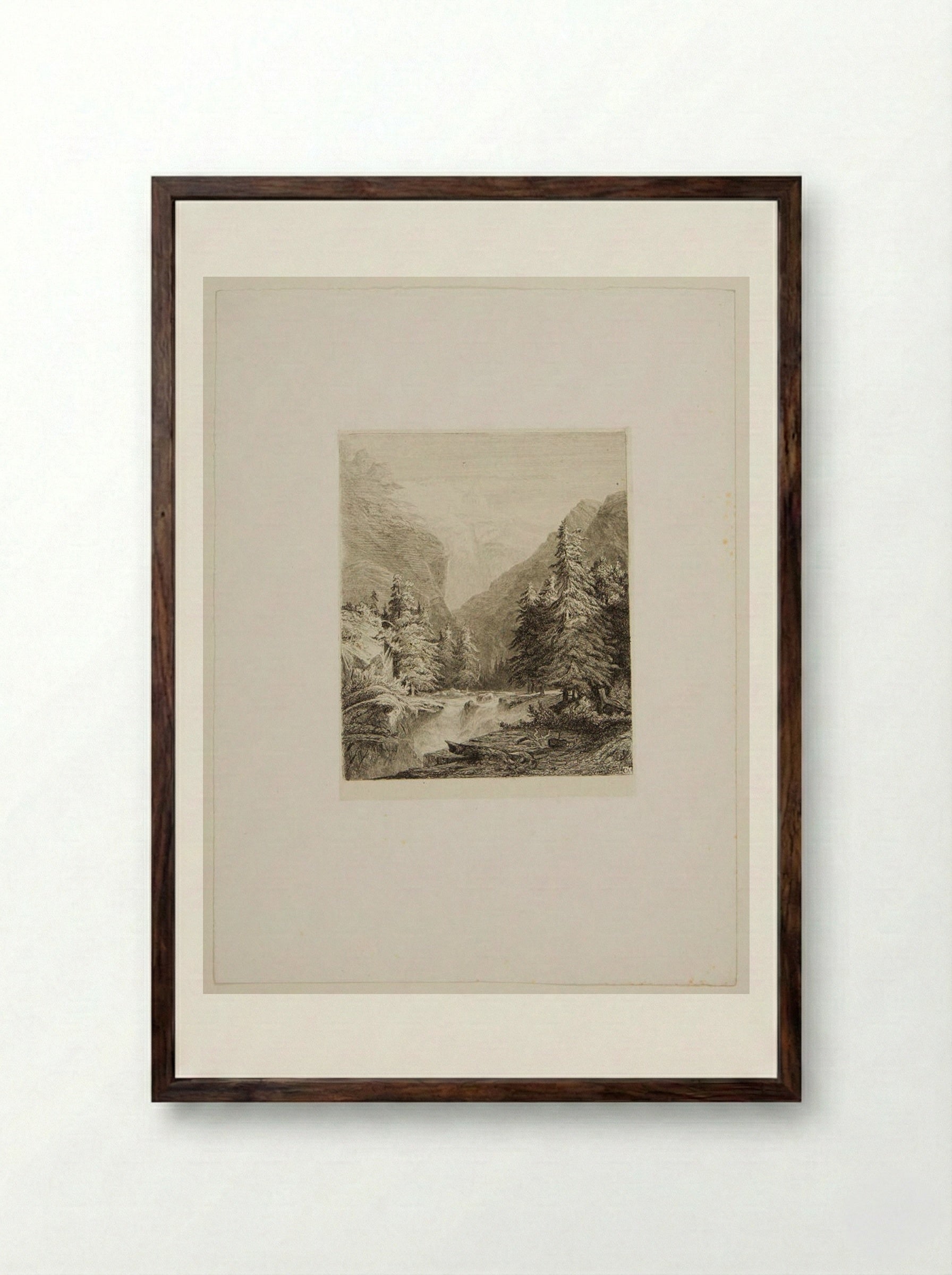 A Winter Scene with Stream and Snowy Fir Trees - Alexandre Calame - Framed Print Dark Wood