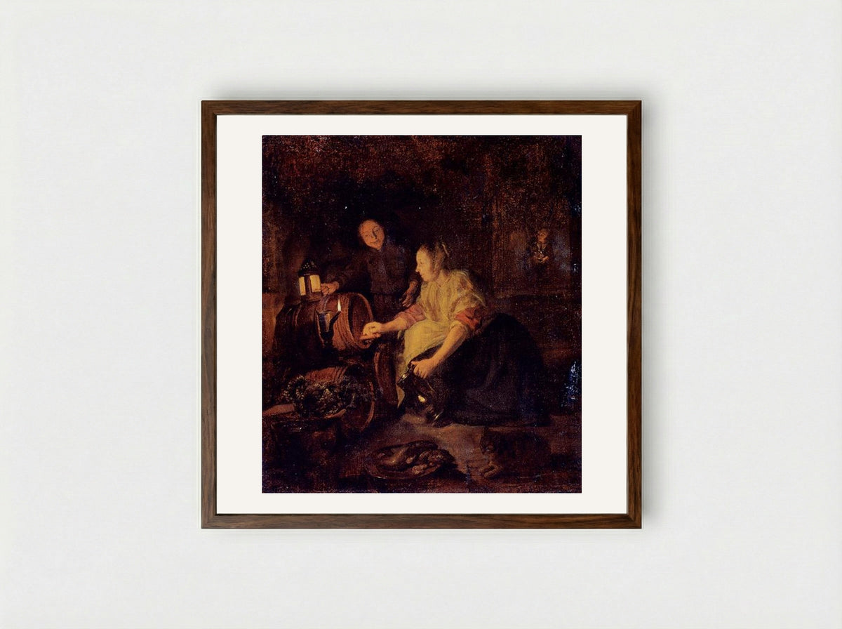 A Woman Drawing Wine from a Barrel - Gabriel Metsu - Framed Print Dark Wood